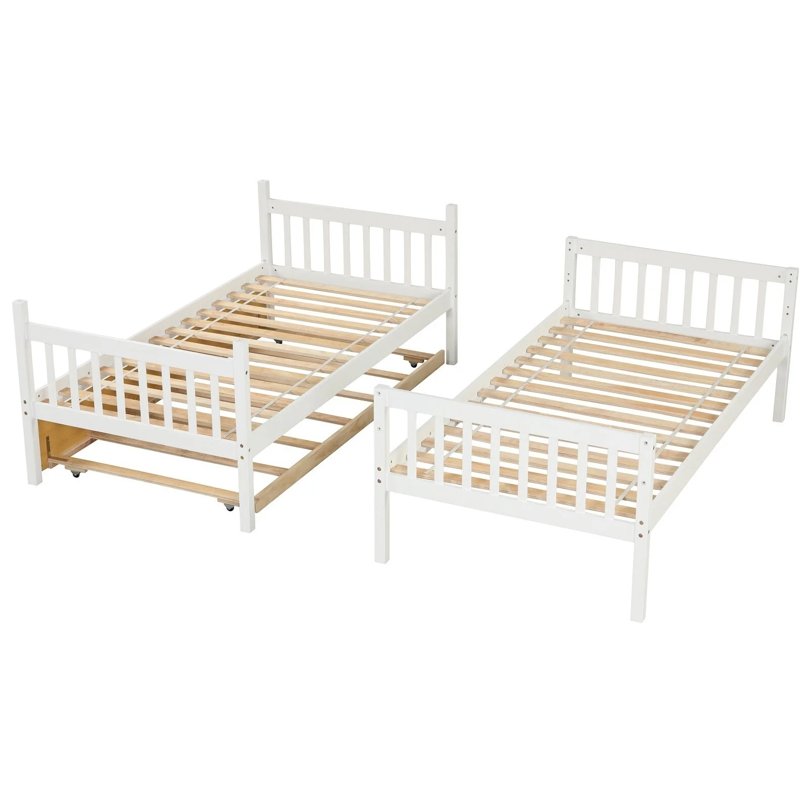 Solid Wood Elegant Bunk Beds with Trundle, Safety Rail White