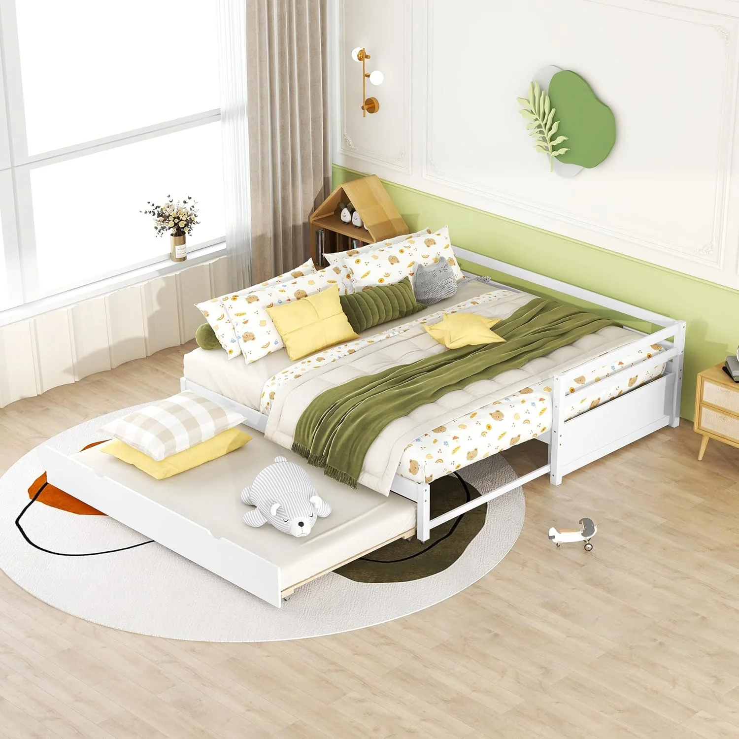 Exedable Daybed Wih rudle, Wood o Dble Daybed Wih Pull rudle, rudle Daybed For Kids ees, Exedig Sofa Bed For Livig Room, Bedroom, Gues Room,Whie