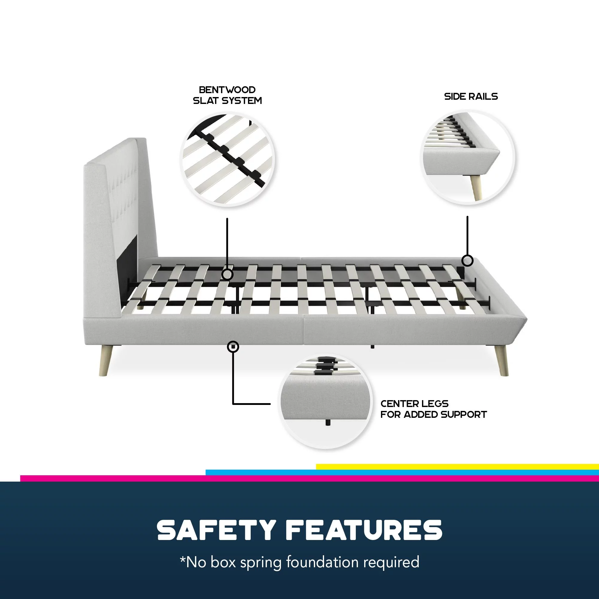 Queer Eye Farnsworth Upholstered Bed with Low Profile Platform Frame, King, Light Gray Linen