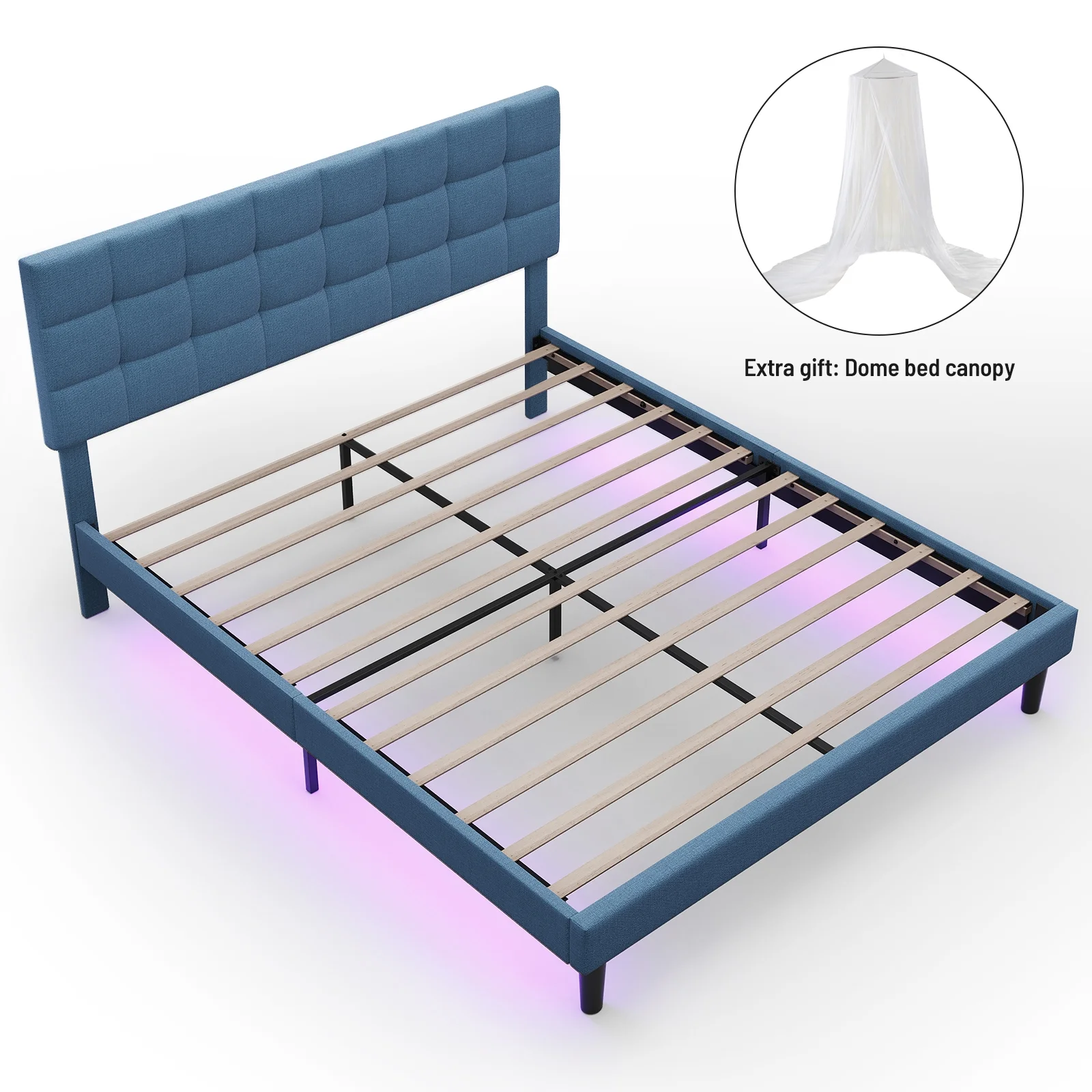 CoSoTower Queen Size Upholstered Platform Bed Linen Bed Frame with Lights Square Stitched Adjustable Headboard Strong Bed Slats System No Box Spring Needed Blue