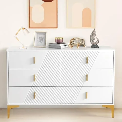 LNboomLife White 6 Drawer Dresser White Dressers & Chests of Drawers with Gold Handles and Legs Modern Dresser for Bedroom Hallway (47.2''W x 15.6''D x 30.7'