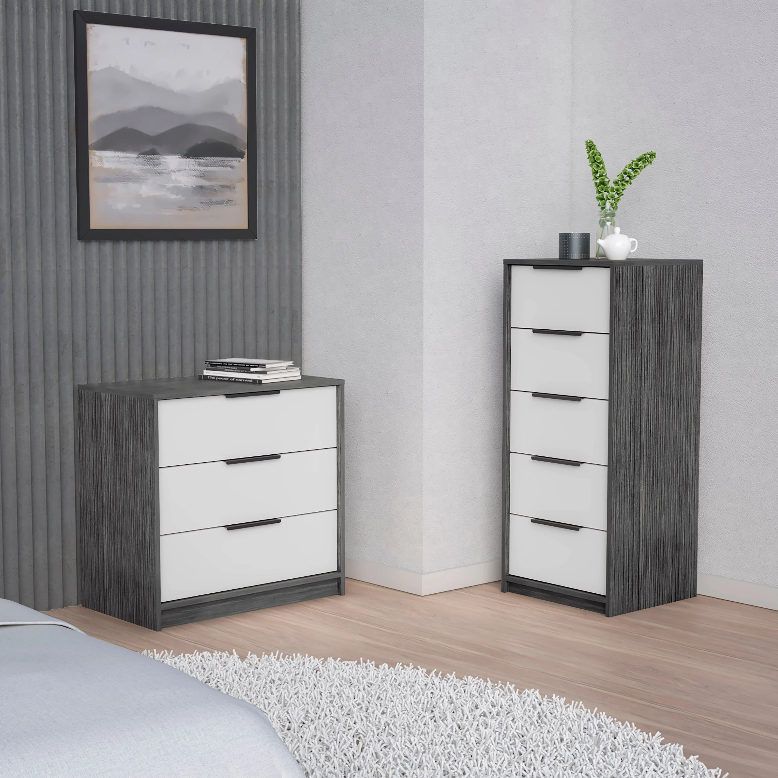 TUHOME Palmer 2-Piece Bedroom Set with Armoire and Drawer Dresser, White/Smokey Oak