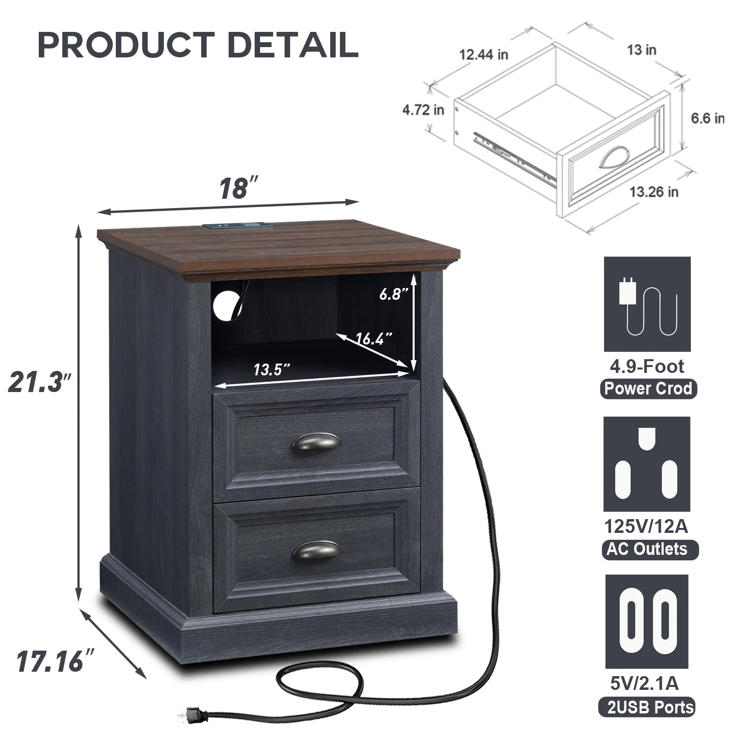 SinCiDo Nightstand with Charging Station, 2 Drawer Dresser for Bedroom,Small Wood Rustic Dresser with Drawers,End Table w/Open Shlef, Side Table for Bedroom,Living Room, Closet,Dark Grey