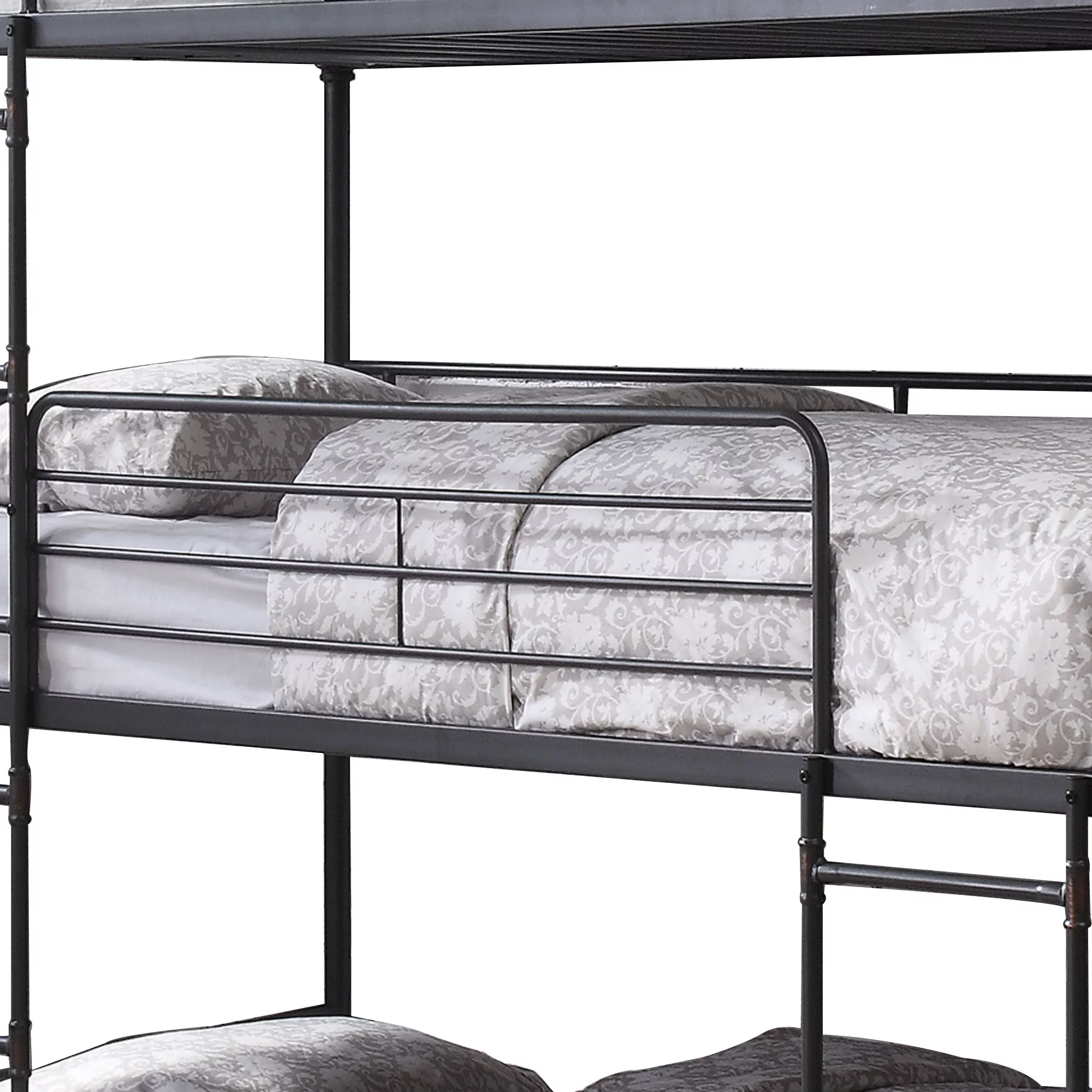 Metal Triple Twin over Twin Size Bunk Bed with Ladders,Black and Brown
