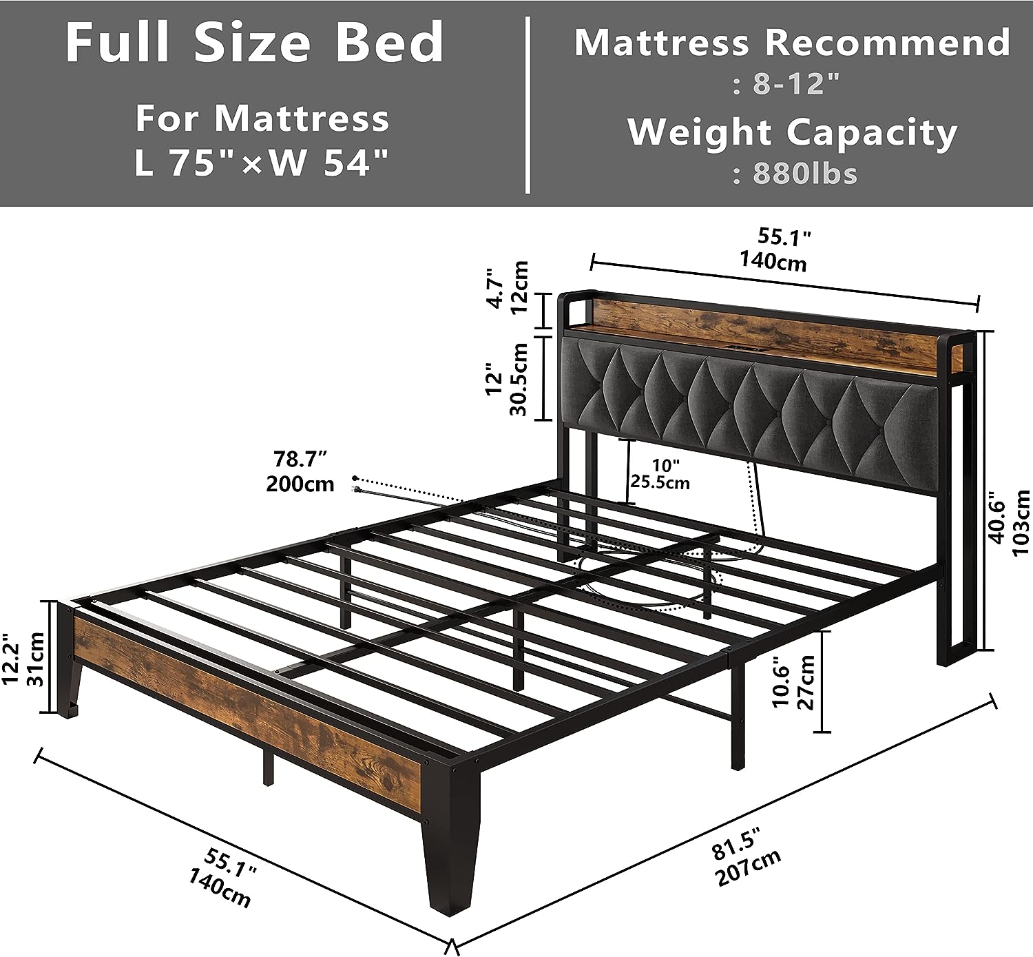 Full Size Bed Frame, Storage Headboard with Outlets, Easy to Install, Sturdy and Stable, No Noise, No Box Springs Needed - Perfect for a Good Night's Sleep