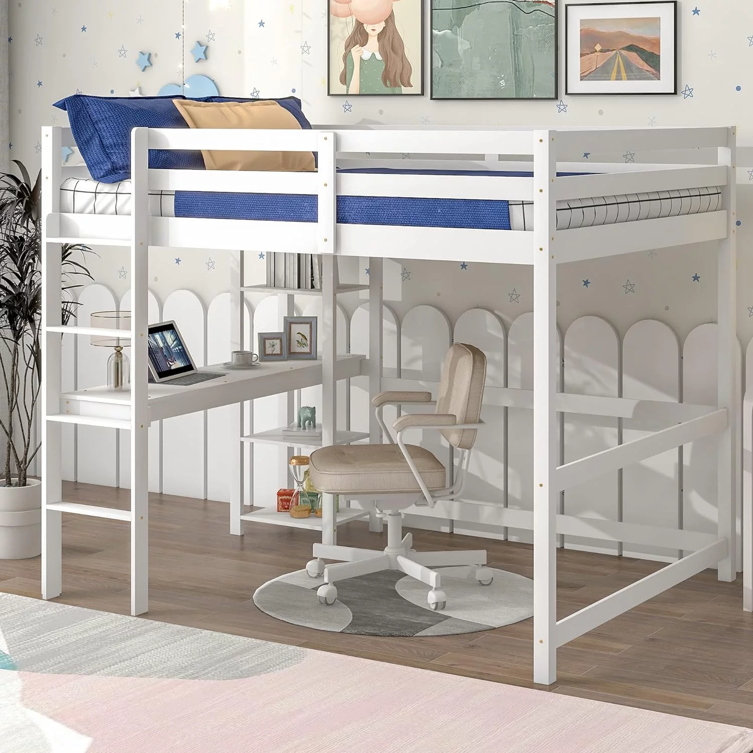 Full Size Loft Bed With Desk, Solid Wood Loft Bed Frame With Storage Shelves For Kids Tees Adults (White)