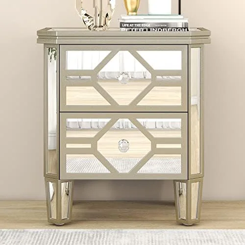 GEROBOOM Mirrored Small Dresser 2-Drawer Nightstand End Table with Golden Lines with for Living Room Bedroom(Silver)