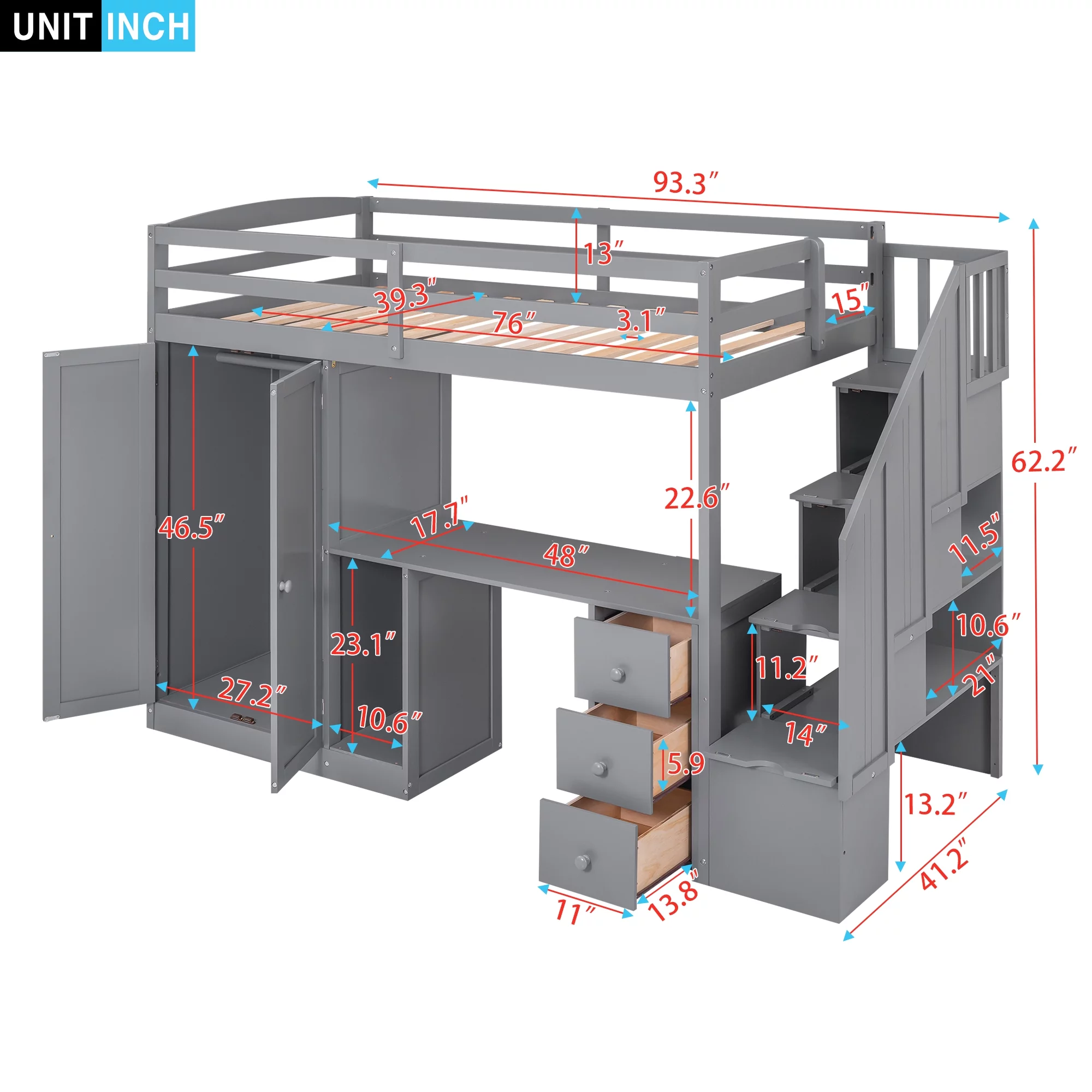 Bellemave Twin Size Loft Bed with Wardrobe and Staircase, Desk and Storage Drawers and Cabinet, Wood All-In-One Loft Bed Frame for Kids, Teens (Gray)