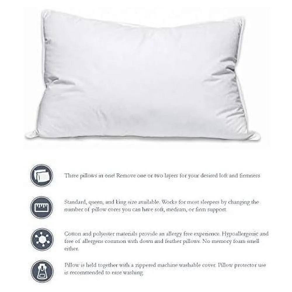 Adjustable Loft Bed Pillow - Three Pillows In One For Best Sleeping Position Possible - Back, Side, And Stomach Sleepers - High, Medium, Low Loft - 100% Cotton And Hypoallergenic Polyester Fill