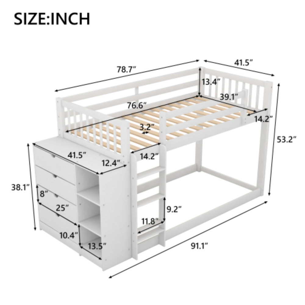 Twin over Twin Bunk Bed with Attached Cabinet and Shelves Storage,White