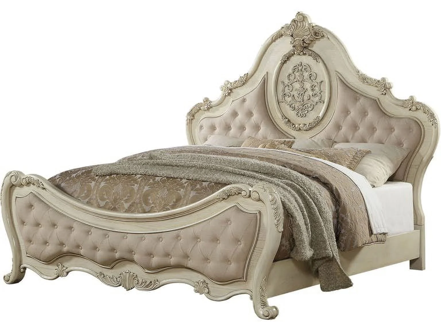 Luxury Vintage White Finish PU Tufted Eastern King Size 1pc Bedroom Furniture Bed