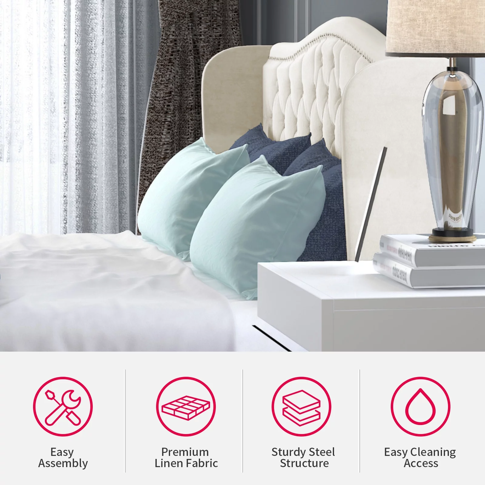 Muzz King Wingback Tufted Hand-Applied Nail Heads Upholstered Bed Frame, with Headboard and Footboard, Dutch Velvet/Wood Slats Support/No Box Spring Needed/ Easy Assembly, Bright White