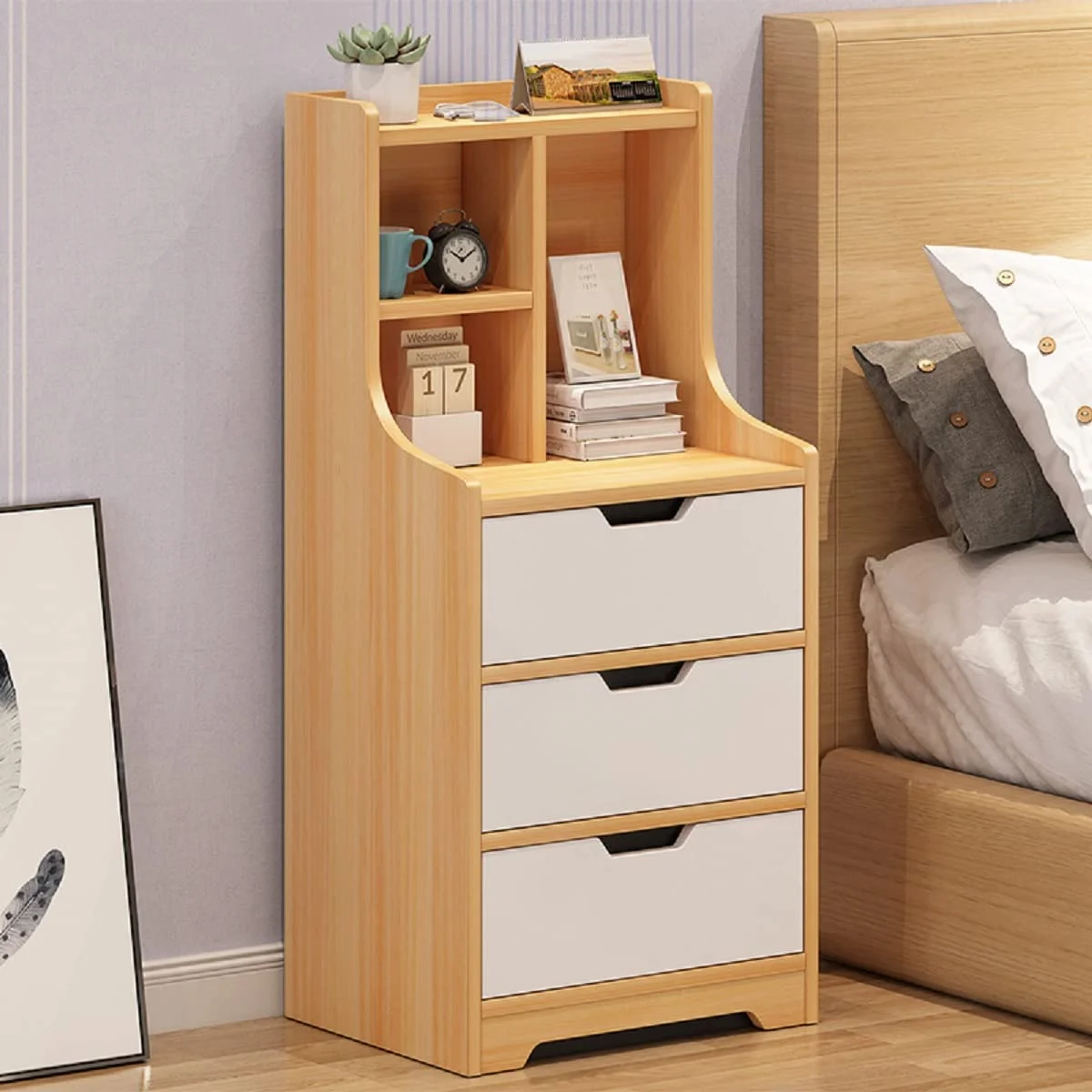 FETCOI Modern 3 Drawers Nightstand Dresser for Bedroom, Bedside Table with Open Shelves Small Vanity Side End Table for Bedroom Study Room Living Room