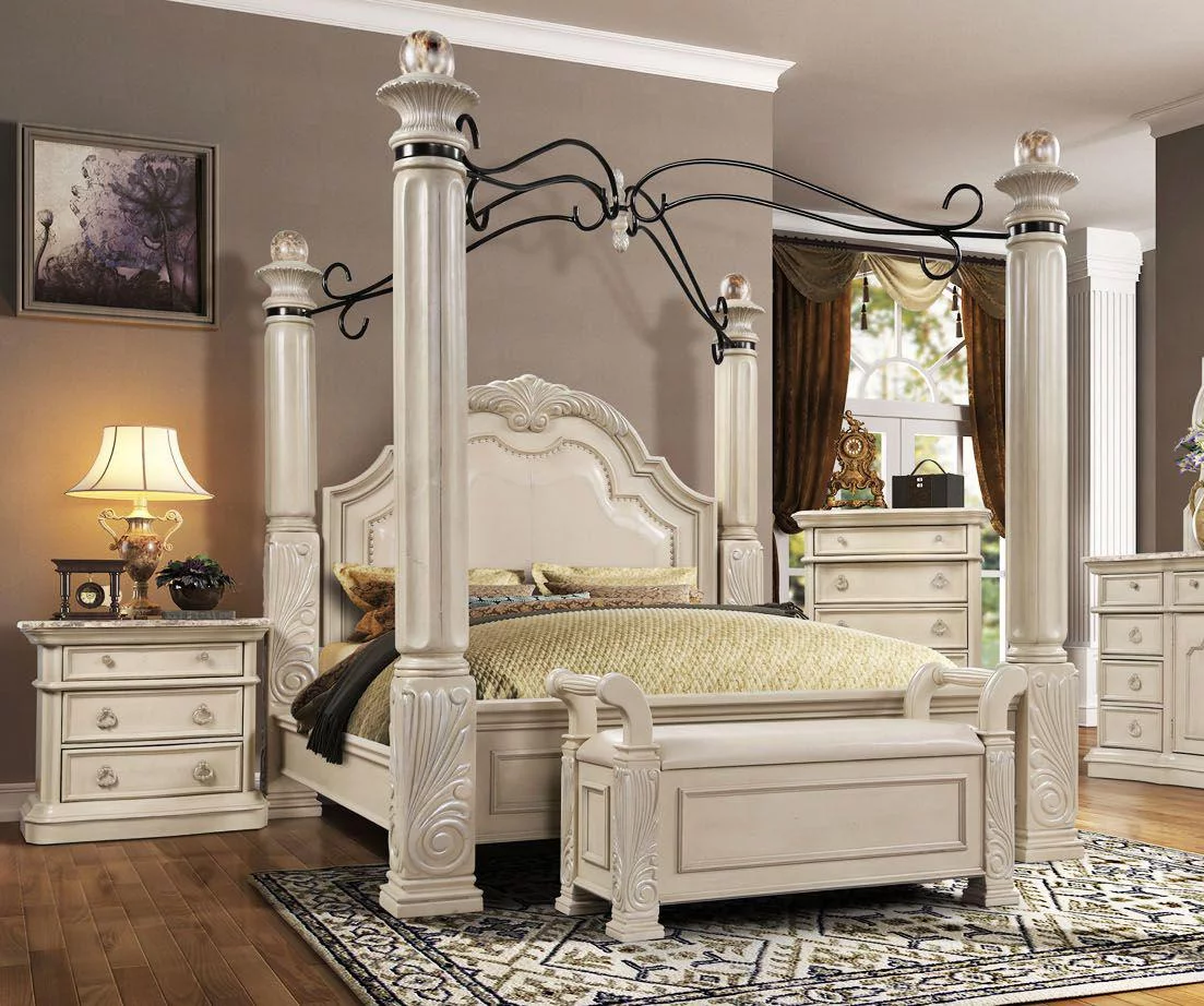 Antique White Solid Hardwood King Canopy Bedroom Set 2Pcs McFerran B6006 Classic