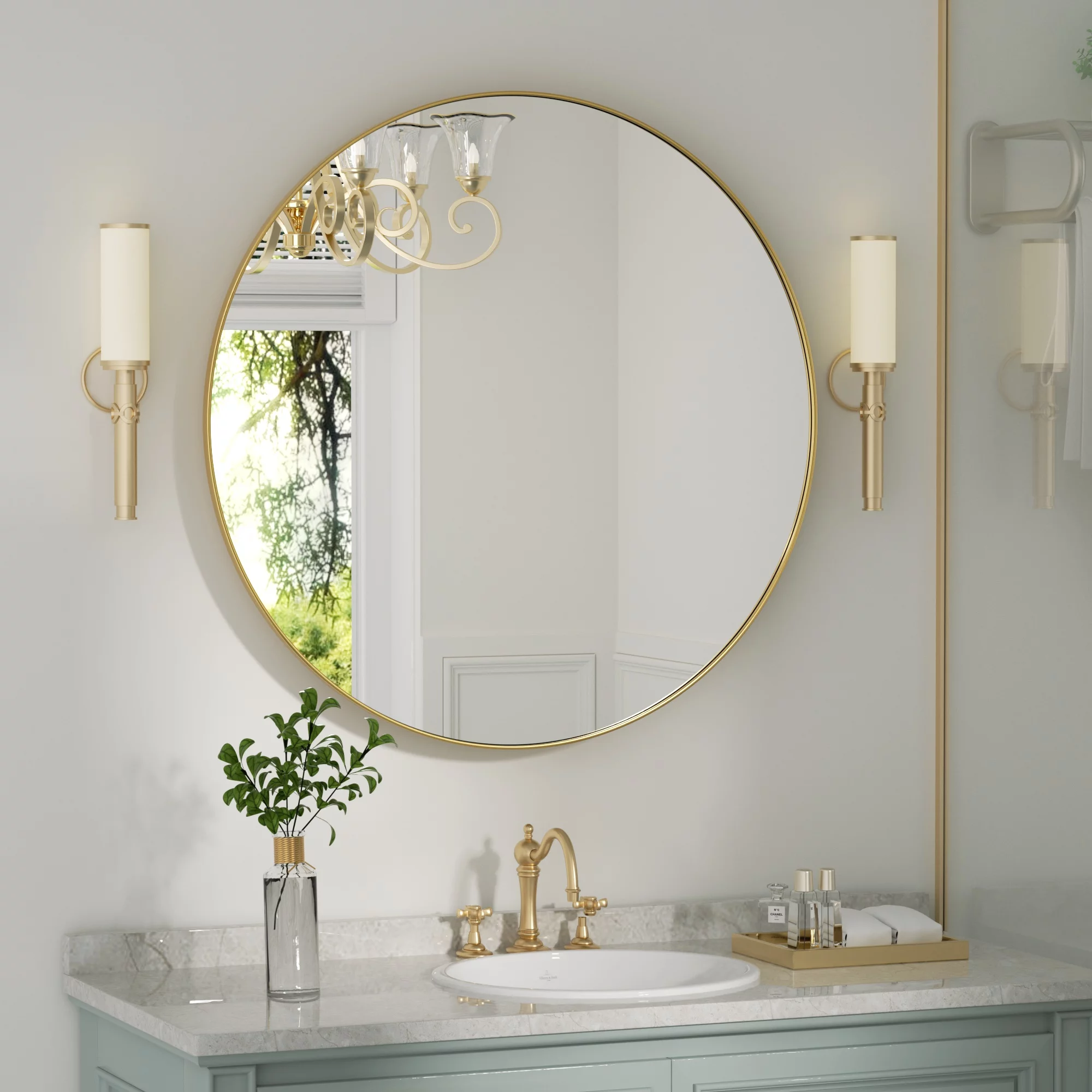Clavie Bathroom Mirror, 30x30 Bathroom Wall Mirror, Round Bathroom Vanity Mirror, Framed Mirror with Metal Frame