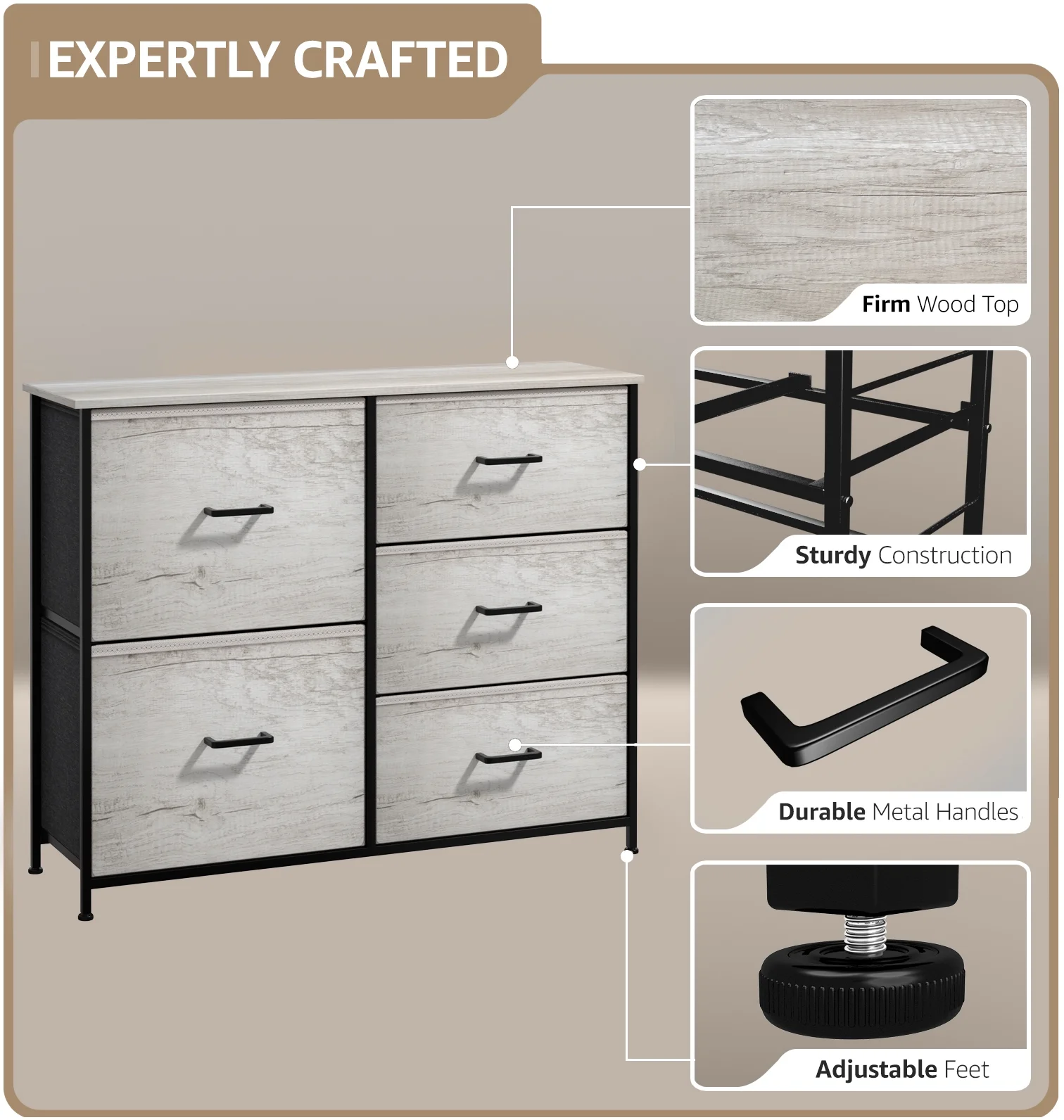 Sorbus 5 Drawers Dresser - Storage Organizer with Steel Frame, Wood Top, Handles, Fabric Bins (Rustic Beige)