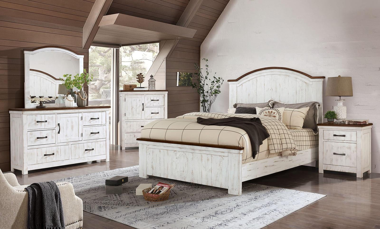Distressed White & Walnut Solid Wood Queen Bedroom Set 6pcs FOA CM7962 Alyson