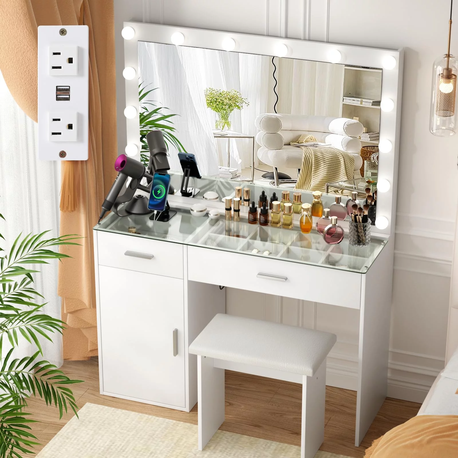 RichYa Makeup Vanity Desk Glass Table Top with Mirror and Lights Power Strip LED Bulbs White