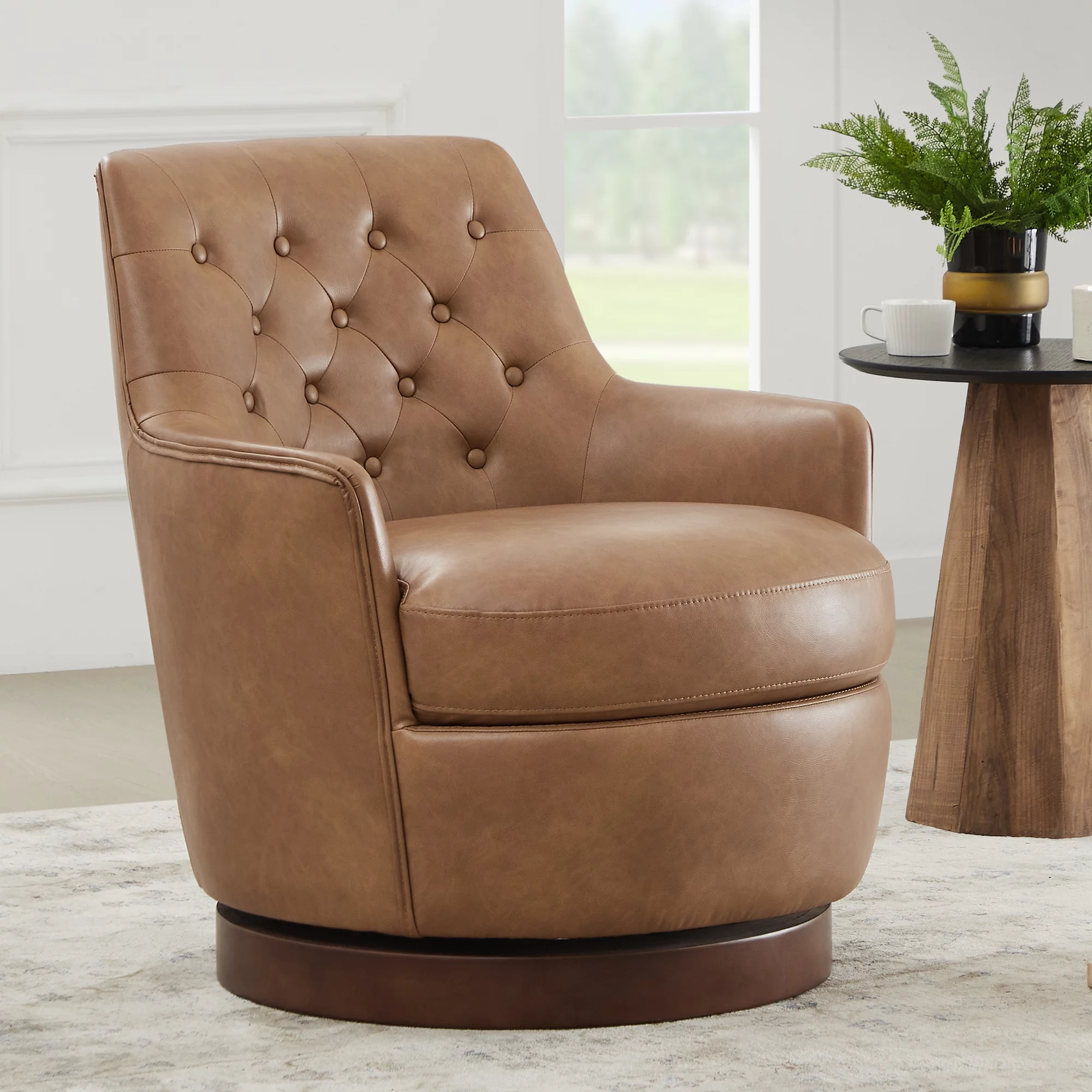 CHITA Swivel Barrel Accent Chair, Tufted Upholstered Arm Chair with Wood Base for Living Room Bedroom, Faux Leather in Saddle Brown