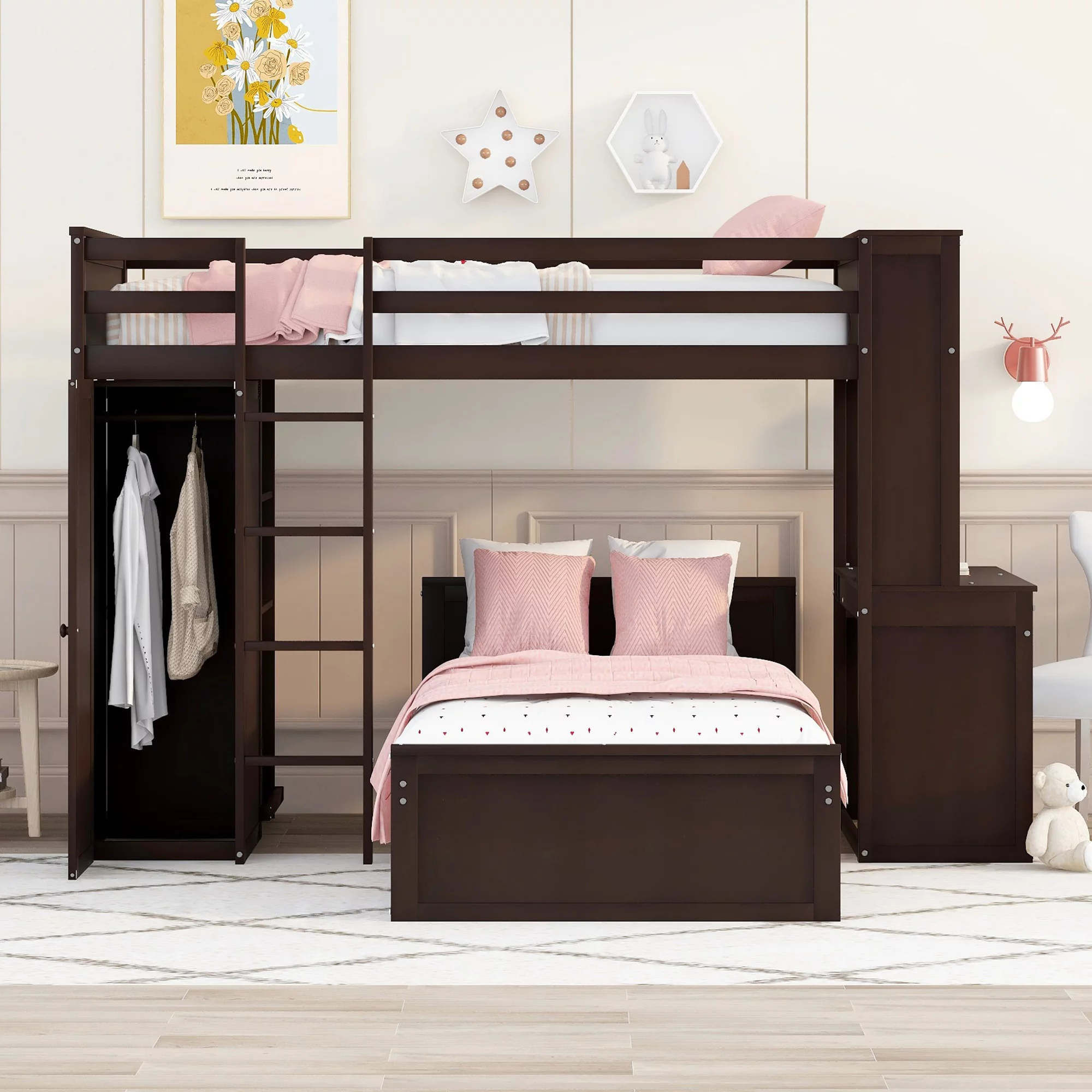 Twin Size Wood Convertible Bunk Bed with Storage Drawers and Shelves, Loft Bed with Desk and Wardrobe, Wooden Loft Bed Frame for Kids Teens, No Box Spring Needed, Espresso