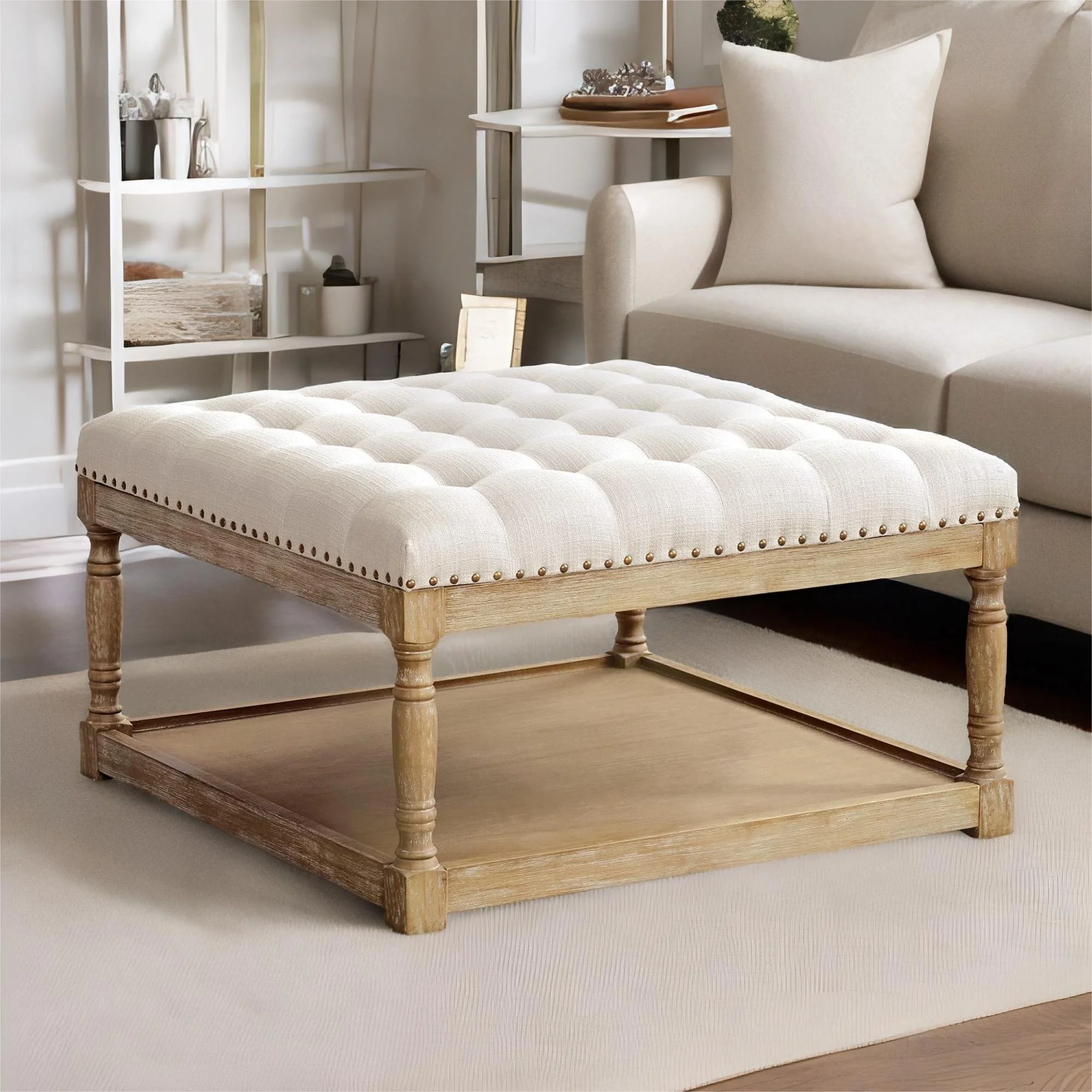 HUIMO Large Square Upholstered Button Tufted Ottoman Coffee Table, Large Linen Storage Ottoman with Shelf & Solid Wood Legs, Farmhouse Footrest Stool, for Living Room (Beige)