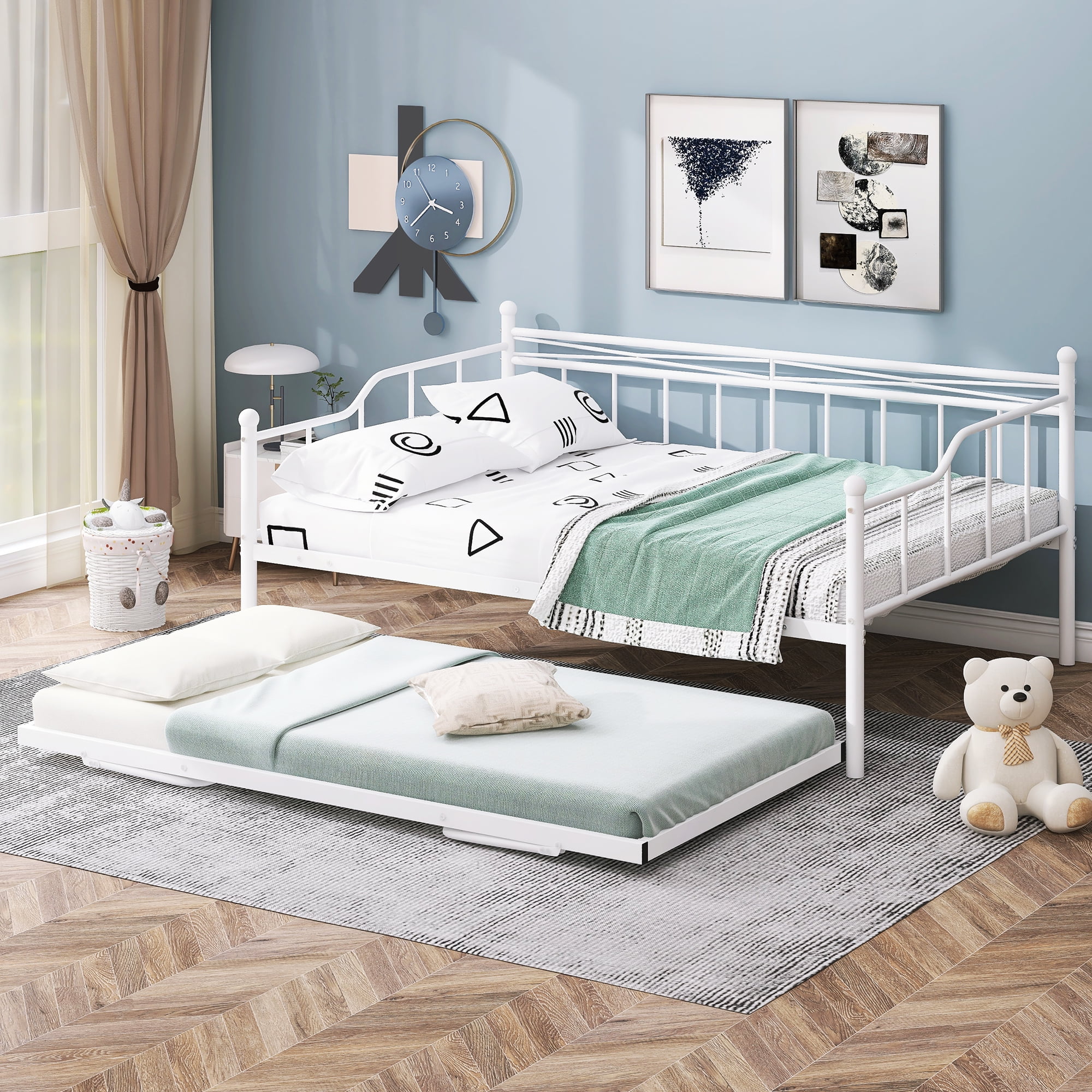CoSoTower Full Size Metal Daybed with Twin Size Adjustable Trundle, Portable Folding Trundle, White