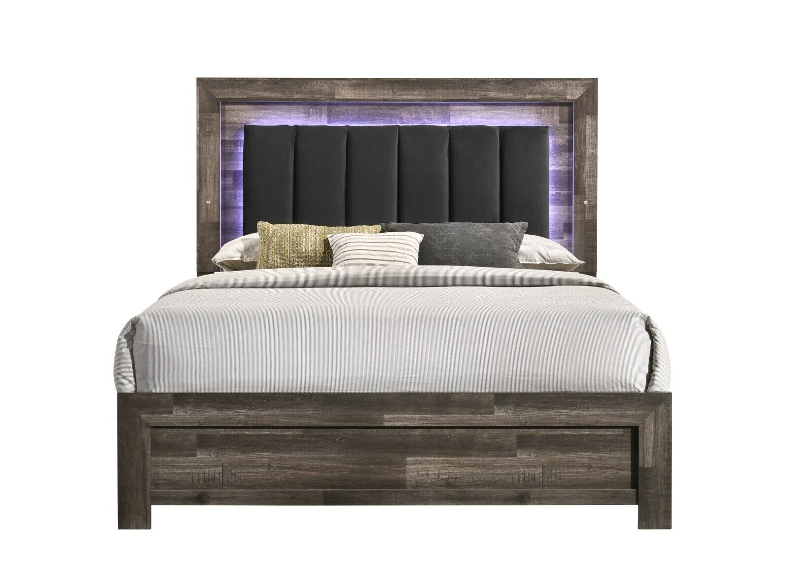 Modern 4Pc LED Light Upholstered Queen Size Bed Dresser Mirror Nightstand Set Master Bedroom Furniture Set Brown Finish