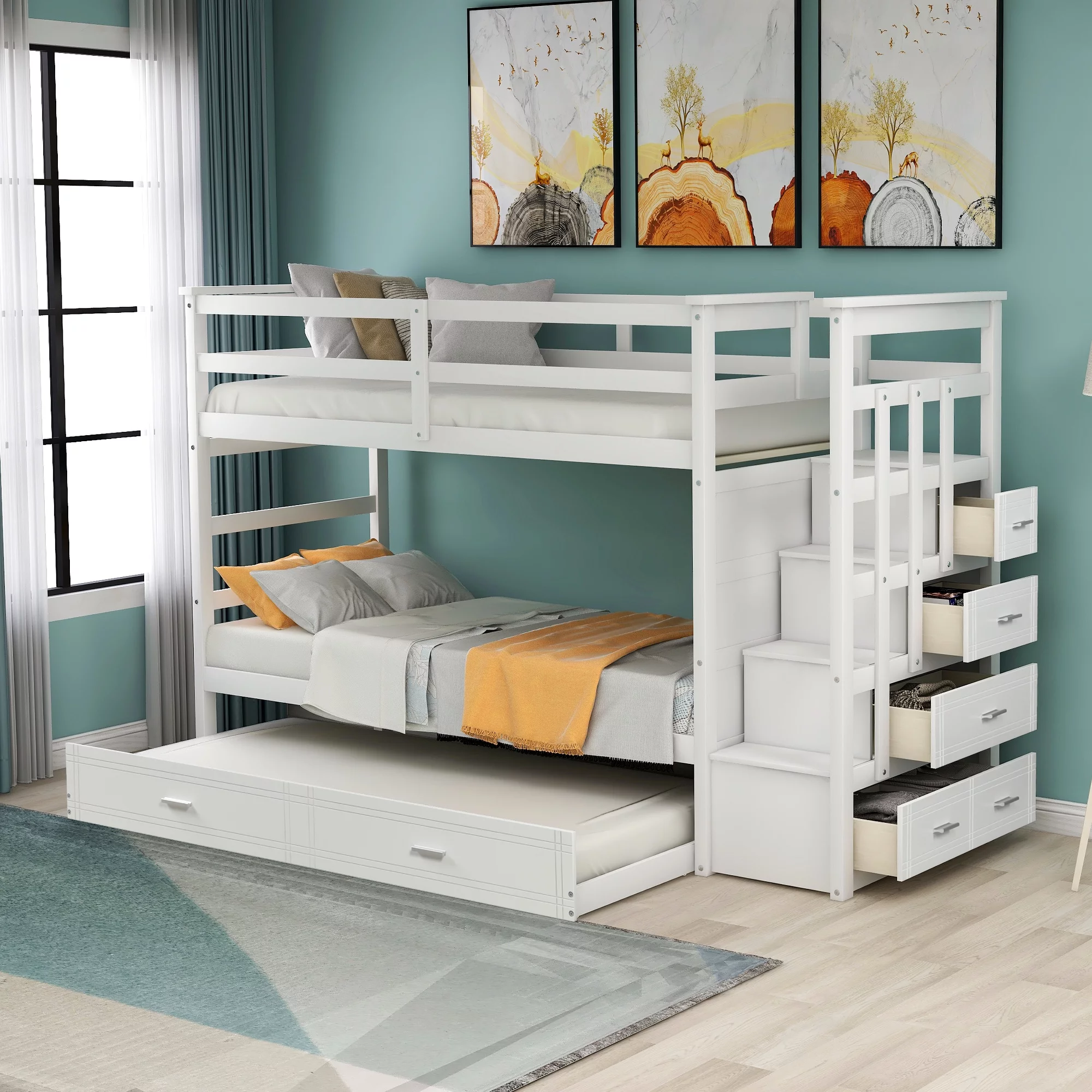 Nestfair White Twin over Twin Bunk Bed with Trundle and Drawers