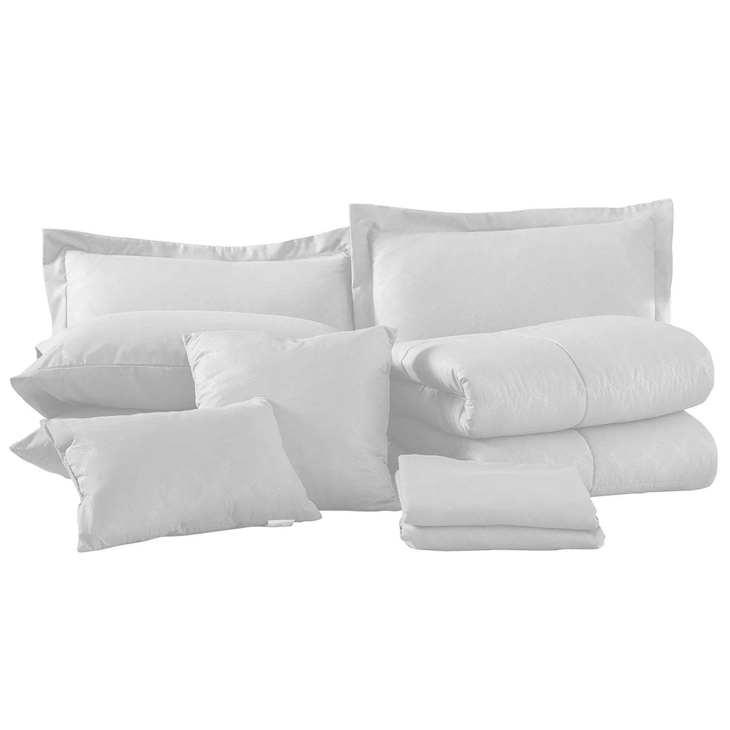NC 10 Piece Bed in a Bag Cal King Size Comforter Set Bedding Set, Plaid Pattern, White