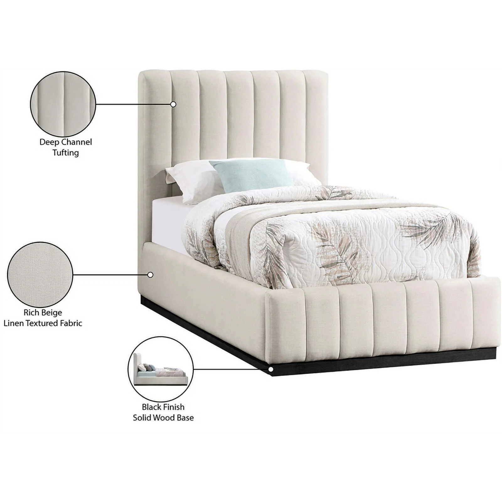 Meridian Furniture Lucia Beige Linen Textured Fabric Twin Bed
