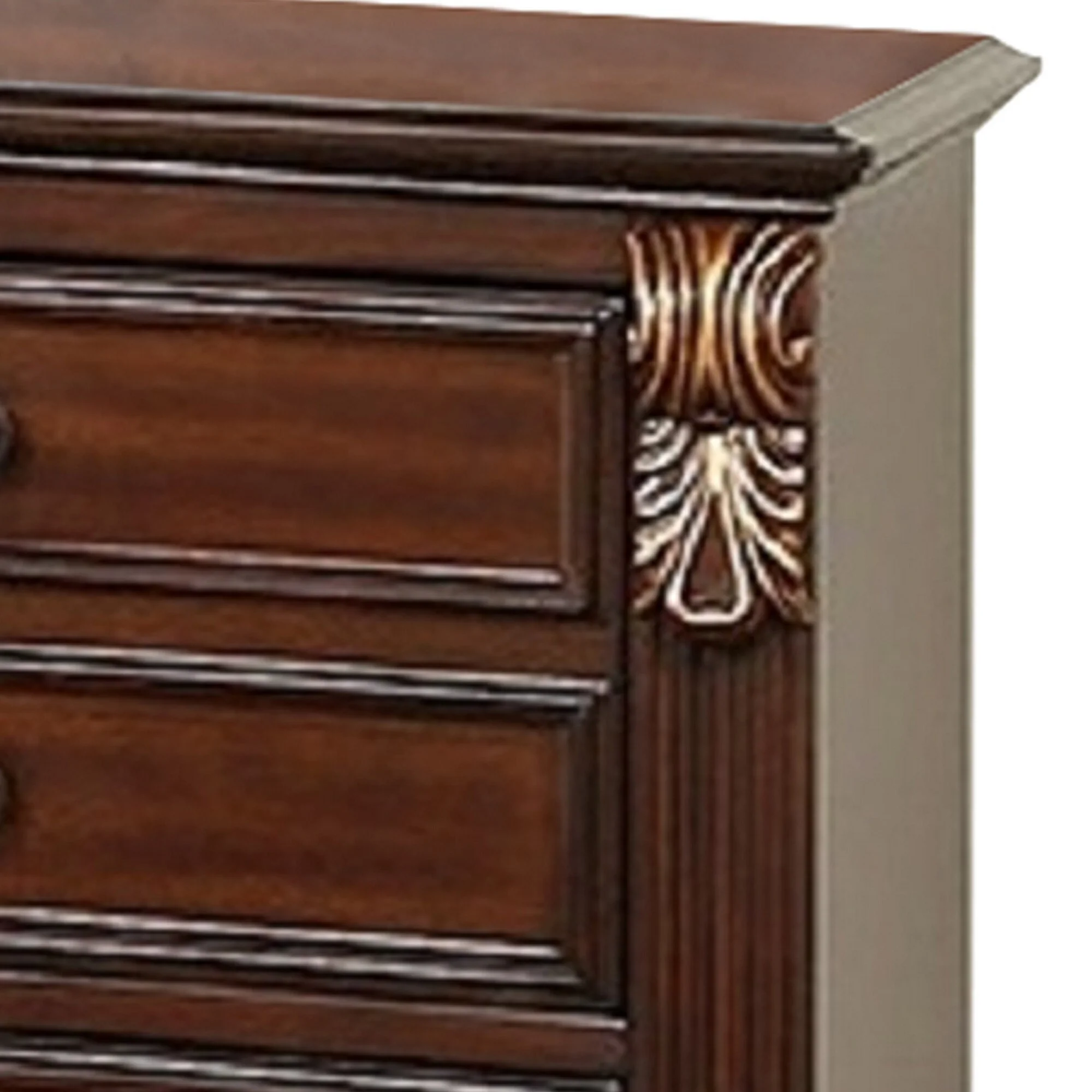 Miri 25 Inch 3 Drawer Nightstand, Brass Carved Accents, Cherry Oak Brown
