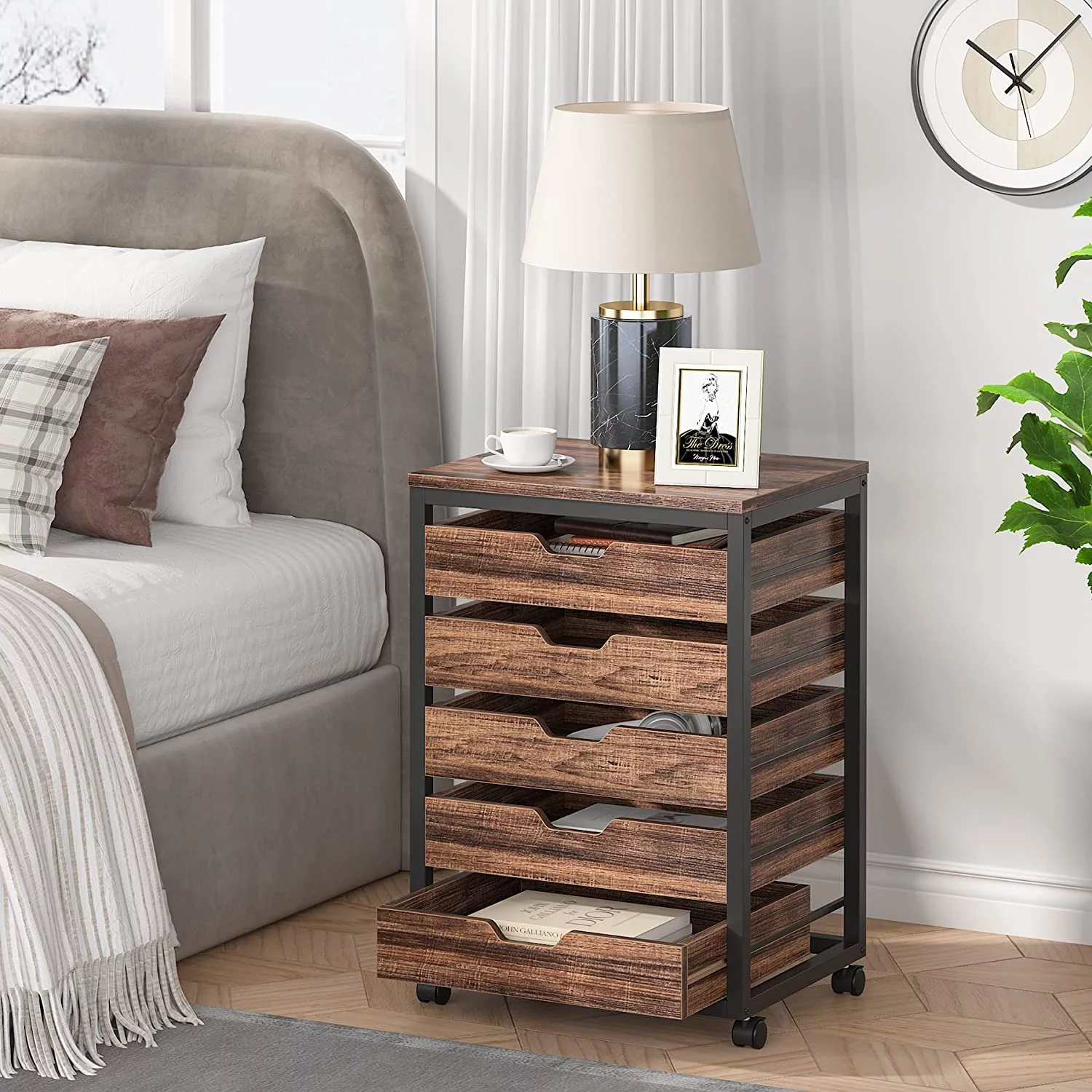 Tribesigns 5 Drawer Chest, Home Office Wood Storage Dresser Cabinet with Wheels, Rustic Brown