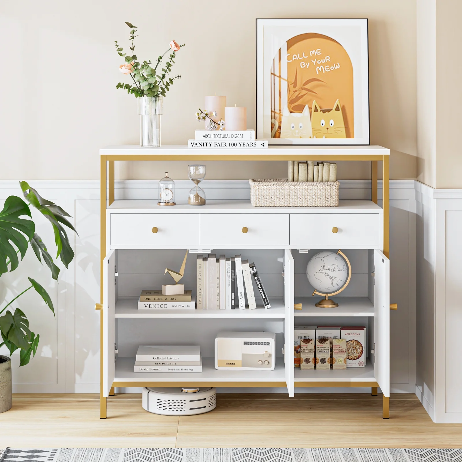Homfa Modern Accent Cabinet with Display Shelf, 3 Rattan Door Wood Coffee Bar Buffet Sideboard for Hallway Living Room, White