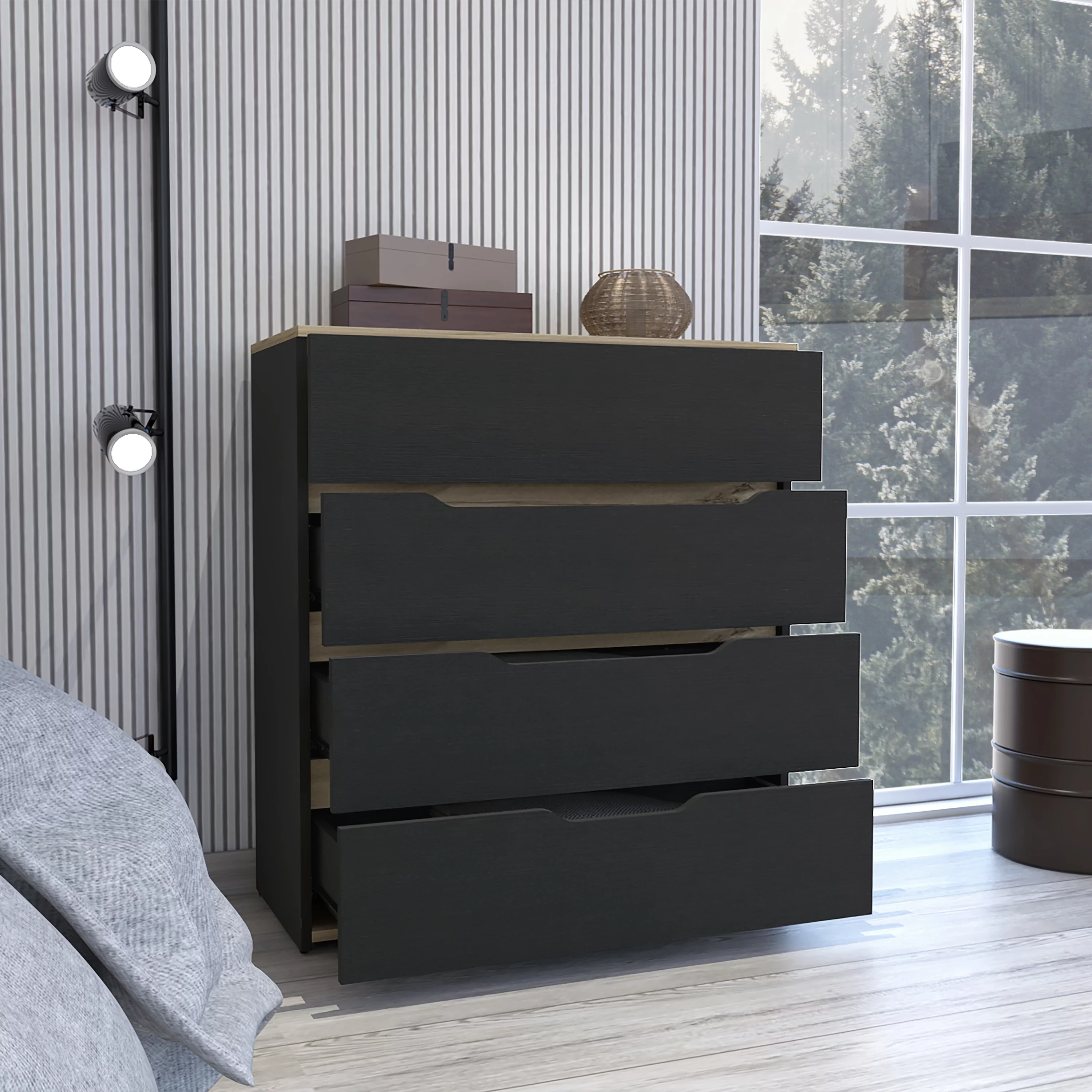 CoSoTower 4-Drawer Dresser Black Wengue And Light Oak