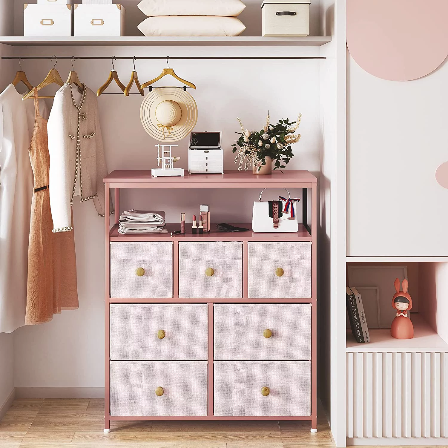 Pink Dresser for Girls Bedroom, Dresser for Bedroom with 7 Drawers and 2 Shelves, Pink Dresser with Wooden Top and Metal Frame, Dressers & Chests of Drawers for Bedroom, Closets, Nursery, Pink