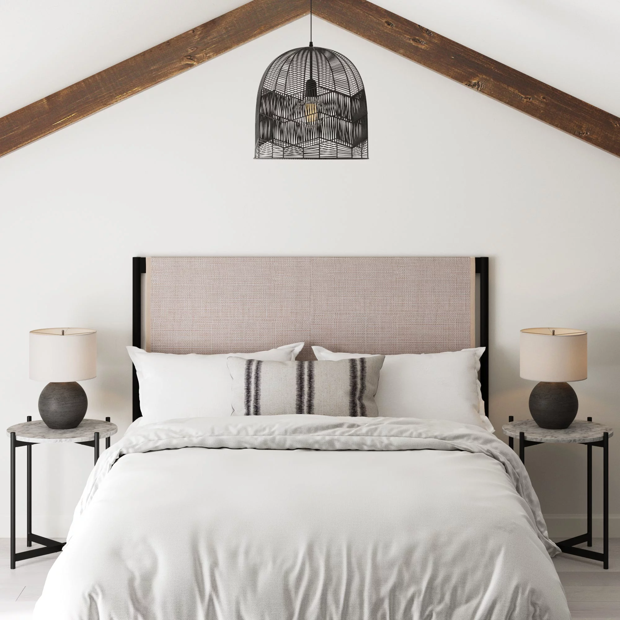 Nathan James Garcia Queen Headboard with Rattan Accent, Bohemian Cane Upholstered Panel in Matte Black Metal Frame