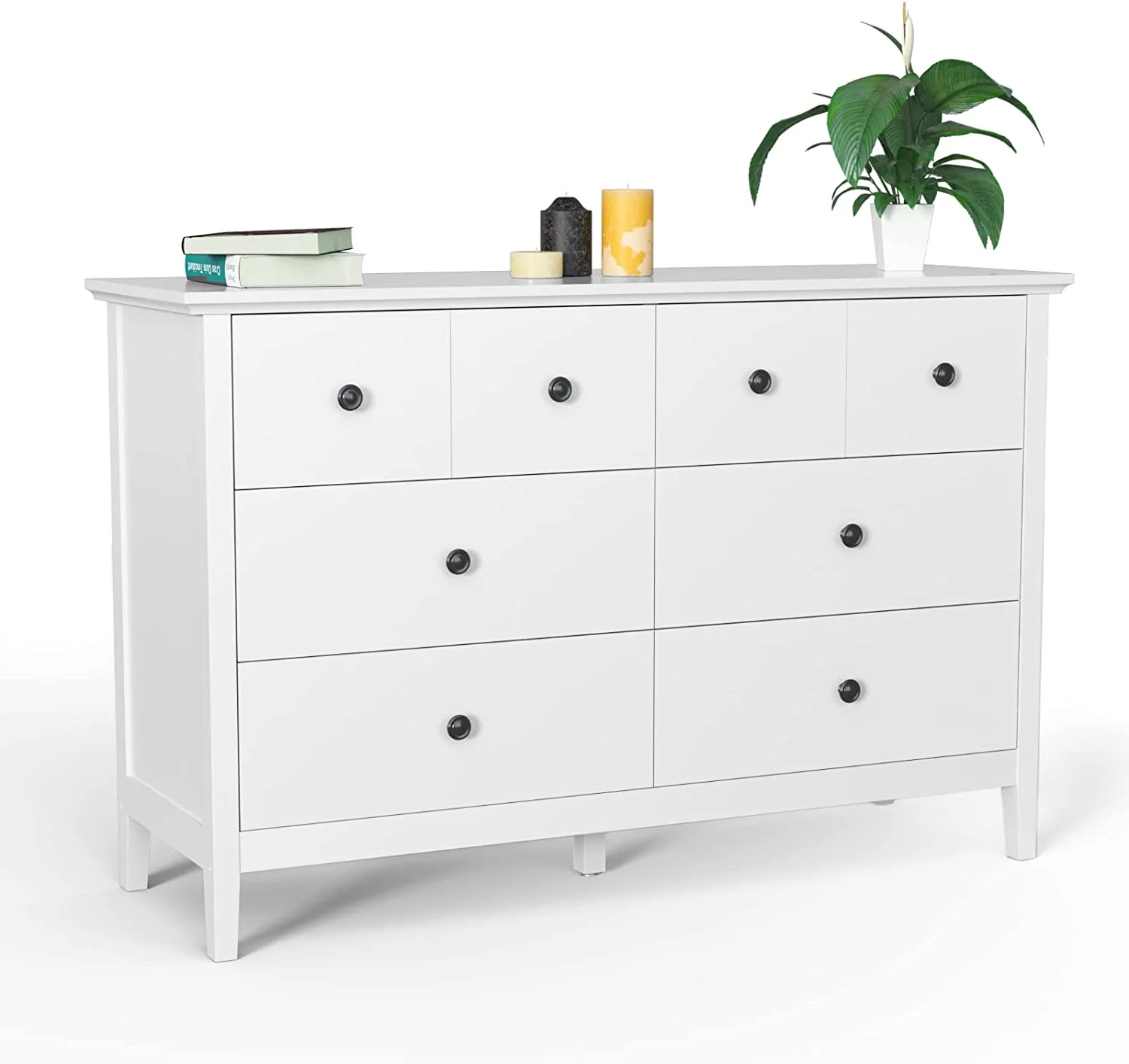 Popular for Bedroom Modern White Dresser with Deep Drawers 6 Drawer Double Dresser with Black Knobs and Solid Wood Legs