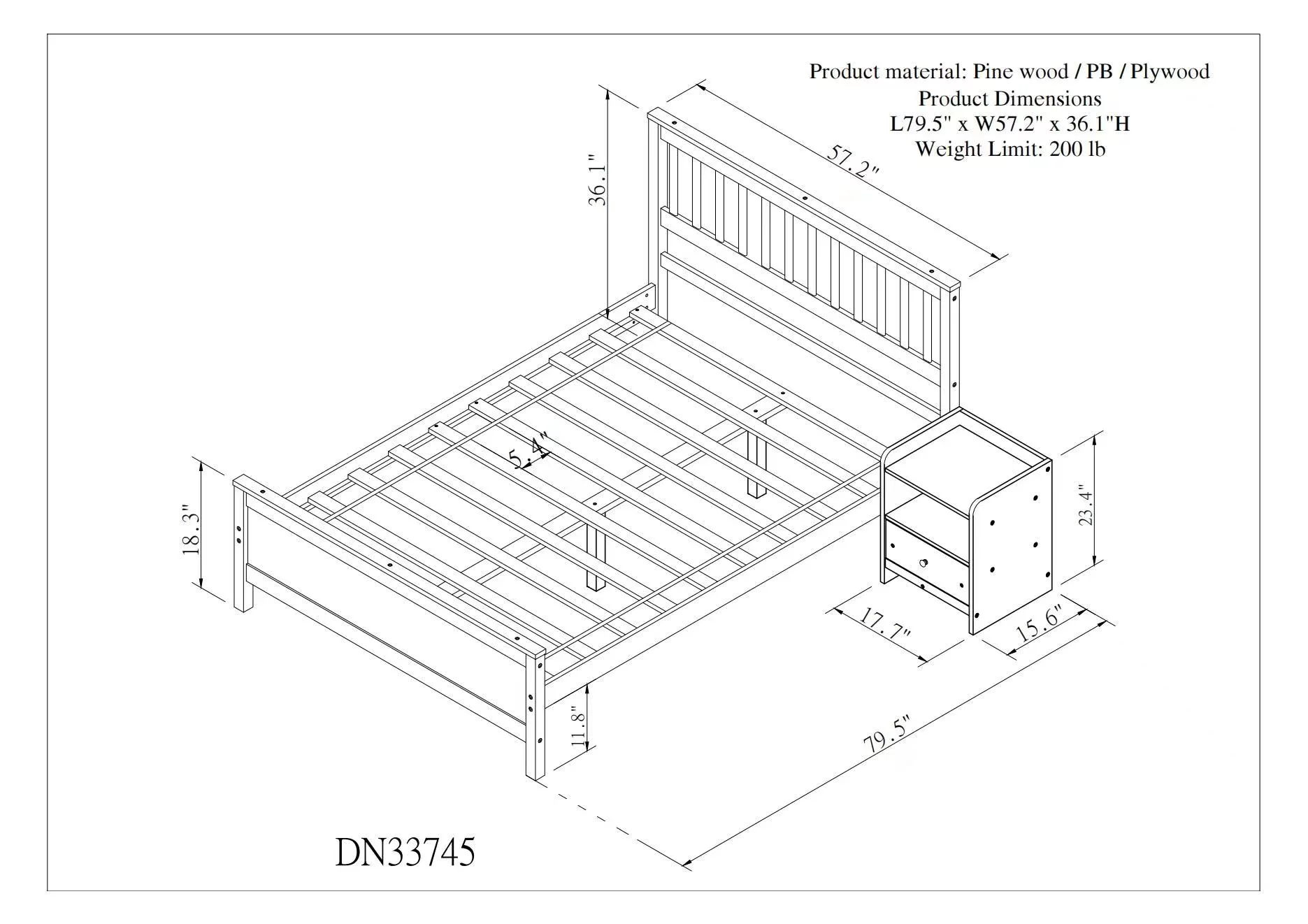 Royard Oaktree Full Size Wood Bed Frame with Headboard and One Nightstand 2-Pieces Bedroom Set with Full Bed and Nightstand, White