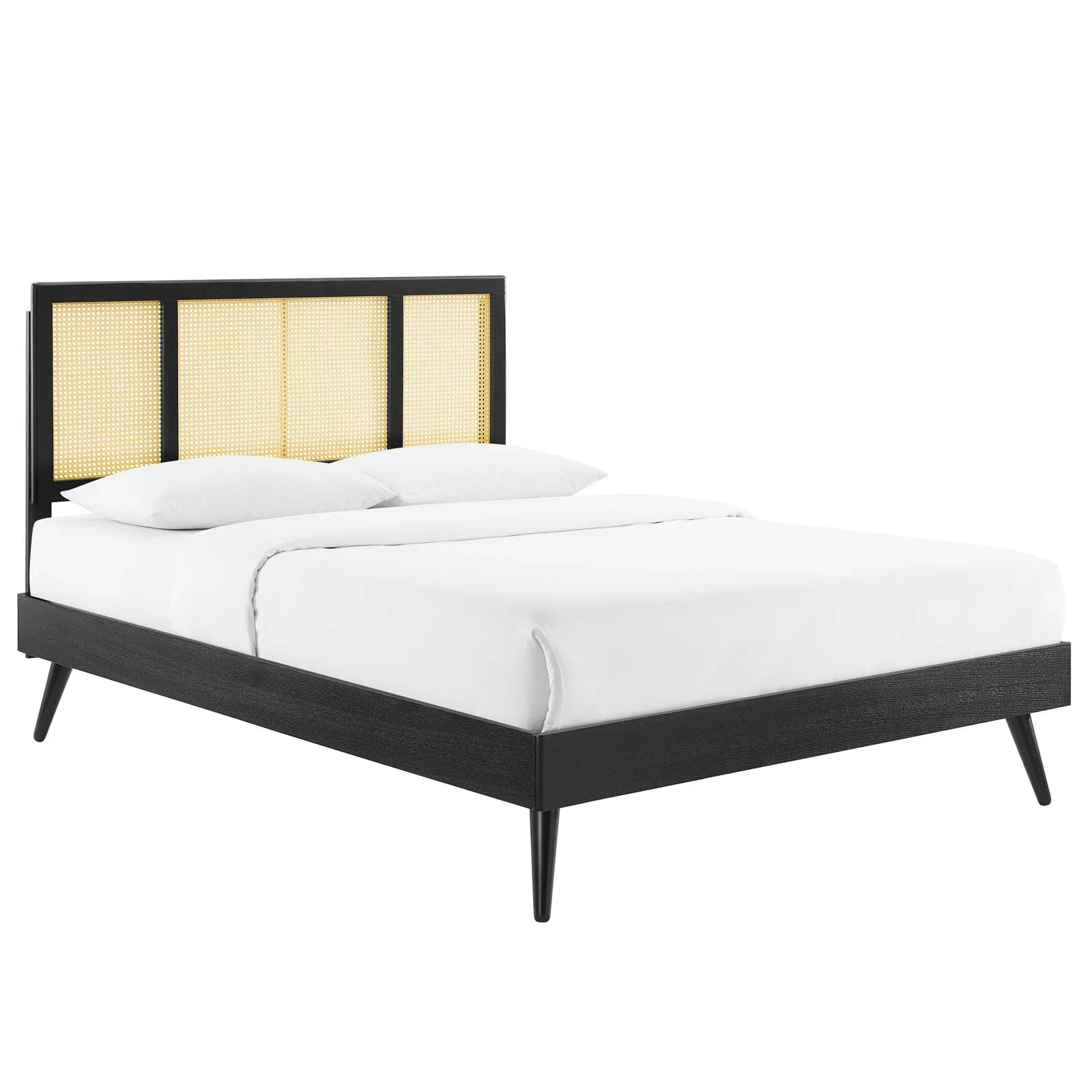 Modway Kelsea Cane and Wood King Platform Bed With Splayed Legs in Black