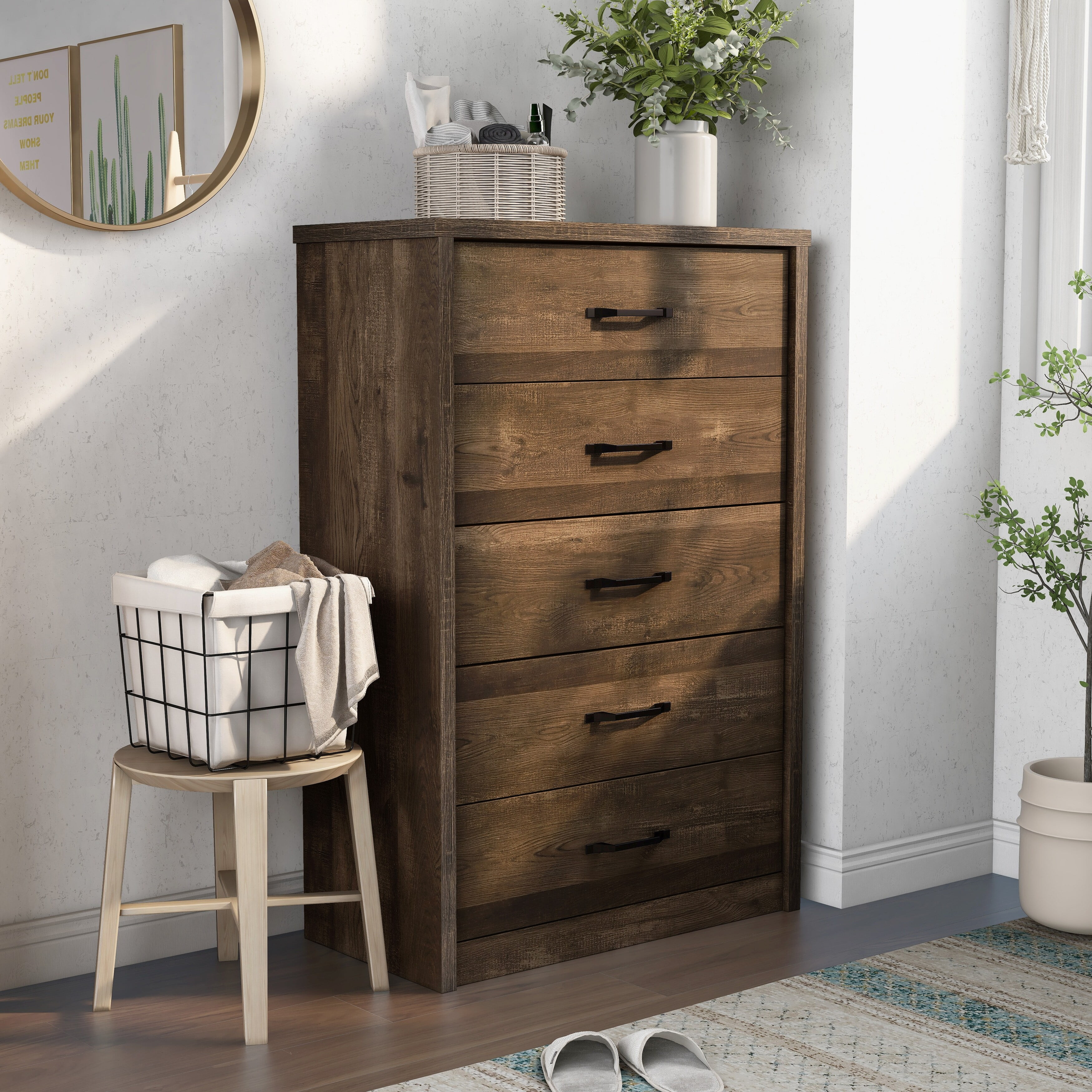 Furniture of America Greer Rustic Walnut and Black Bar 5-Drawer Chest by