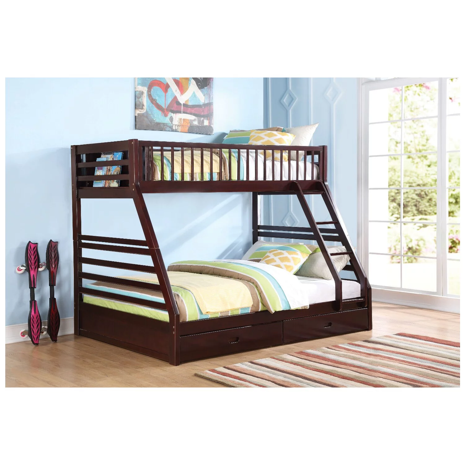 BenJara Wooden TwinXL/Queen Bunk Bed with Drawers, Espresso Brown