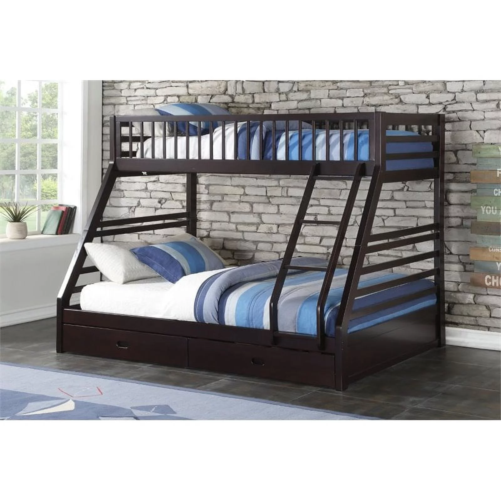 Pemberly Row Modern Wood XL Twin over Queen Bunk Bed in Espresso