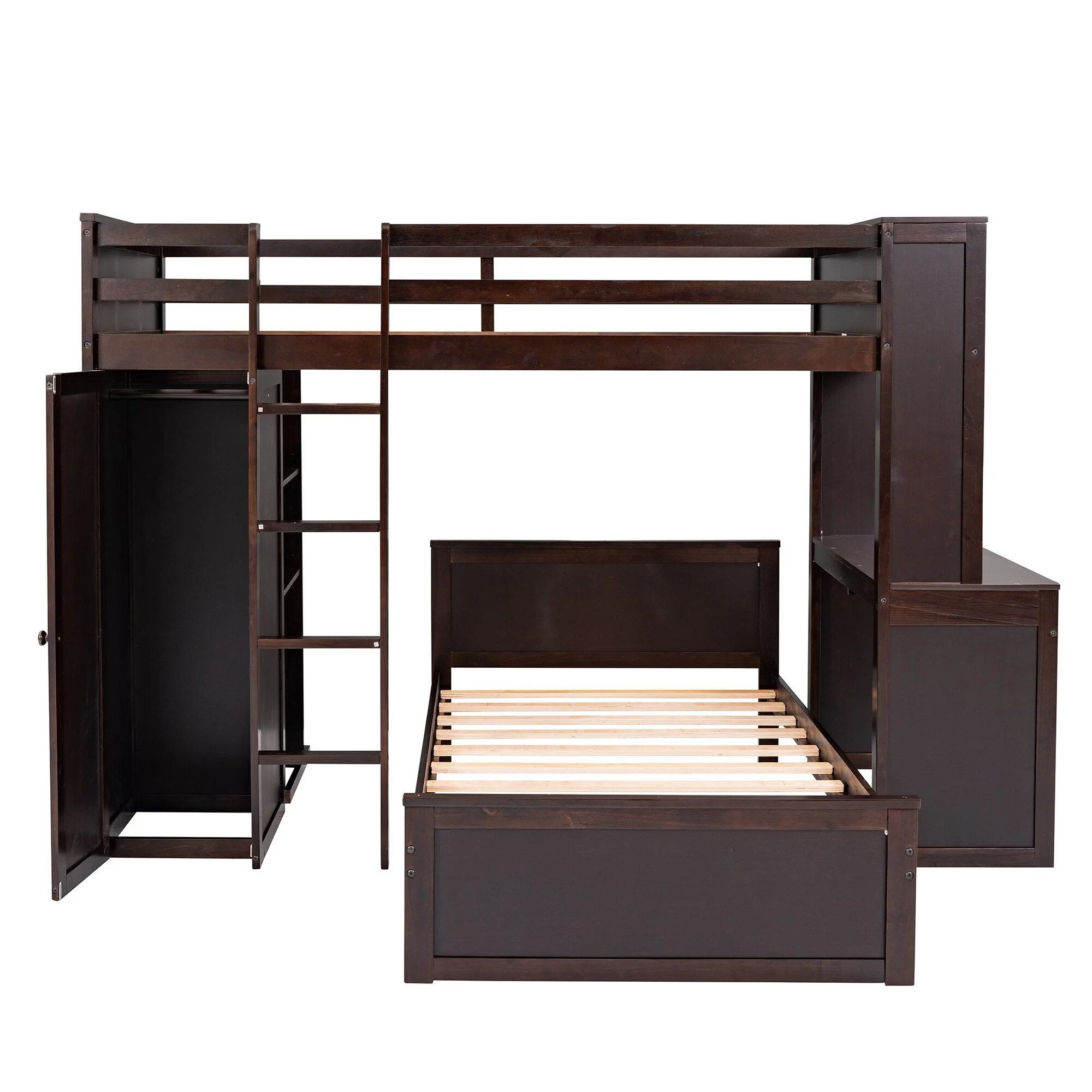 Nestfair Twin Size Solid Wood Loft Bed with Desk and Wardrobe Espresso