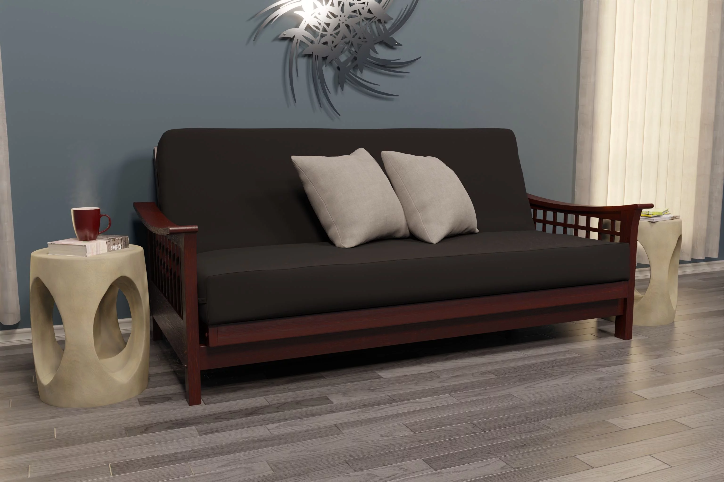 Trelli Wood Full Size Futon Package with Merlin Mattress, Cover and Strata Strips