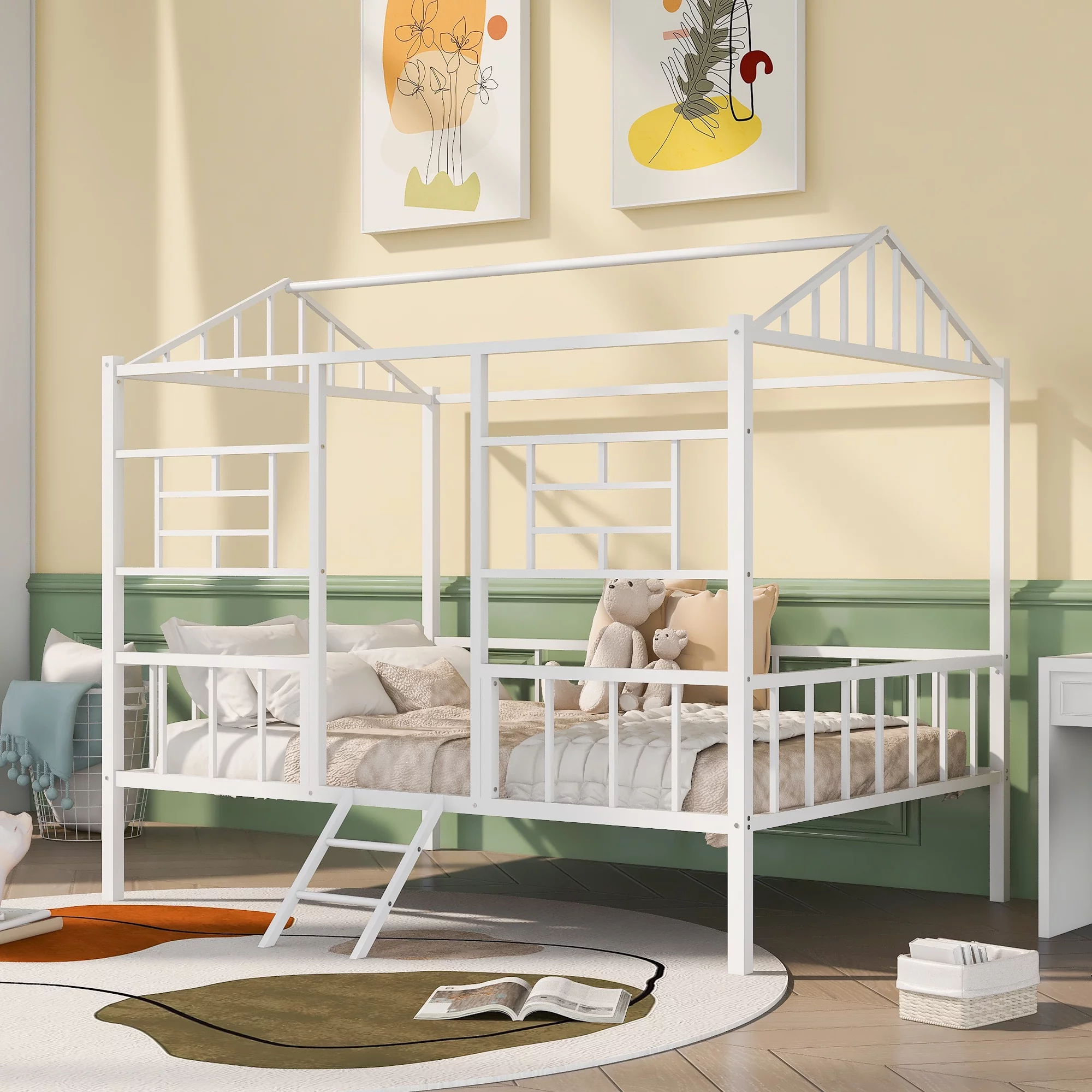 ikayaa Metal House Bed Frame Full Size with Slatted Support No Box Spring Needed White