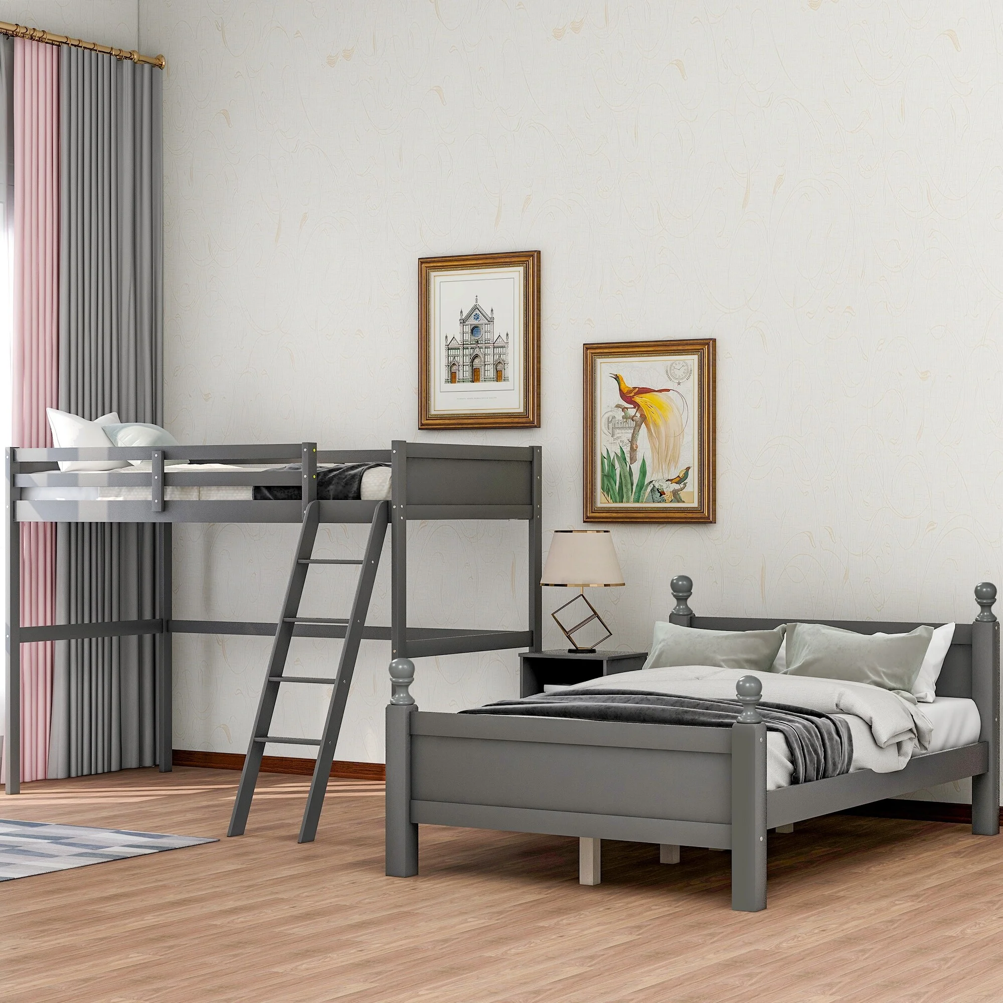 Nestfair Twin over Full Loft Bed with Cabinet Grey