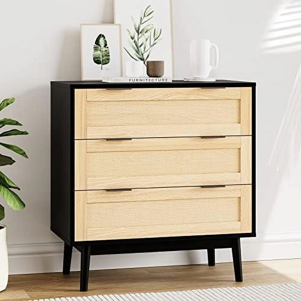 NLIBOOMLife Large Nightstand 3 Drawer Dresser for Bedroom Chests of Drawers Black Modern 6 Drawer Dresser and Nightstand Sets Rattan Drawer Living Room