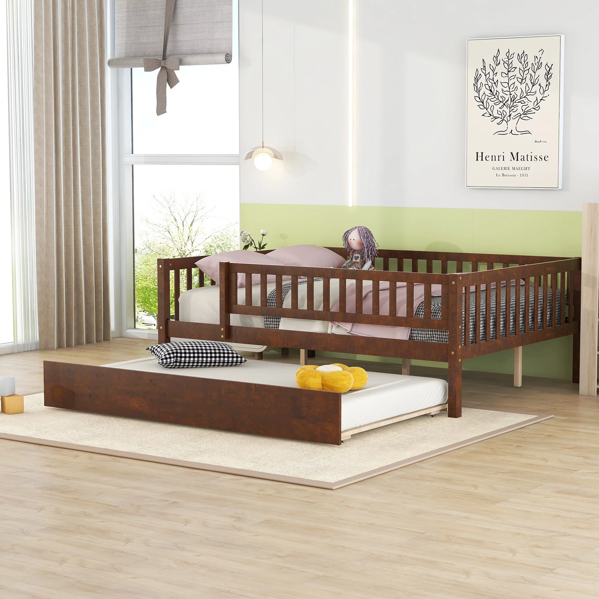 Daybed Bed Frame Platform Bed with Twin Size Trundle Modern Wooden Bed with Fence Guardrails and Slat Support Leg for Dorm, Bedroom, Guest Room (Full)