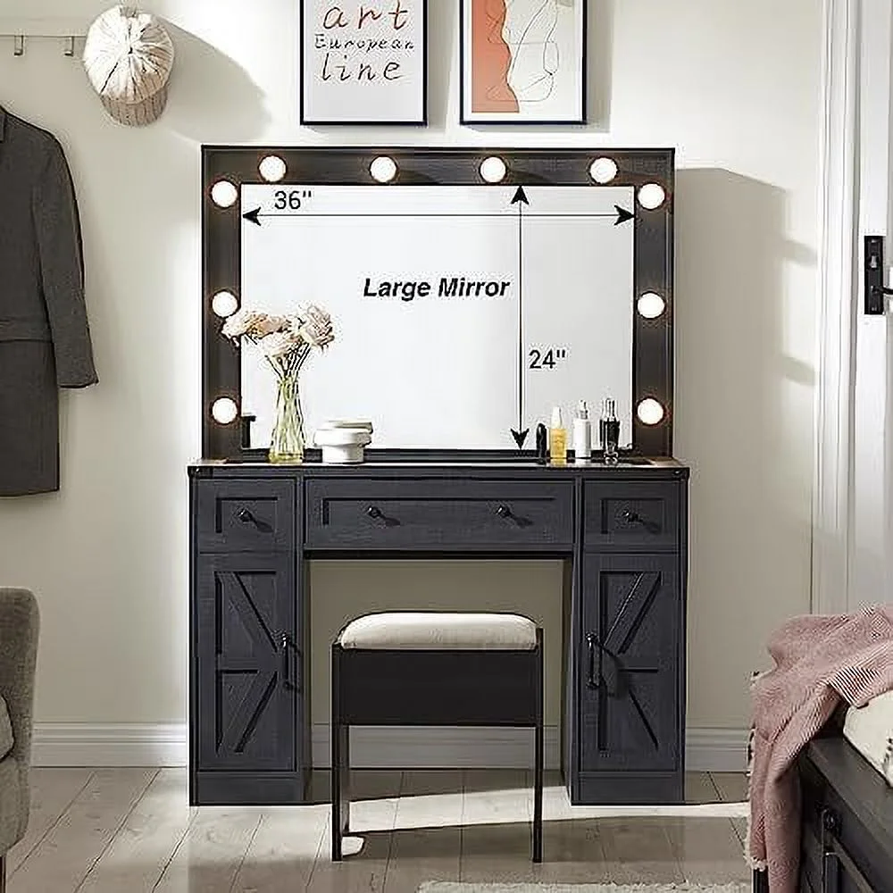 RUNFAYBIU 43" Vanity Desk with Mirror and Lights Farmhouse Vanity Dressing Table Set with 3 Drawers & 2 Cabinets Stool Included Bedroom Off White