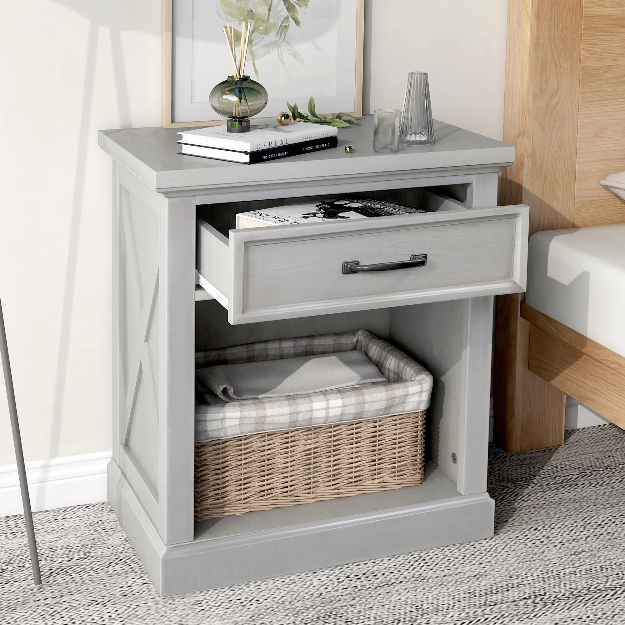 LANTRO JS Old Paint Style Modern Wooden Nightstand with Drawers Storage for Living Room, Bedroom, Gray
